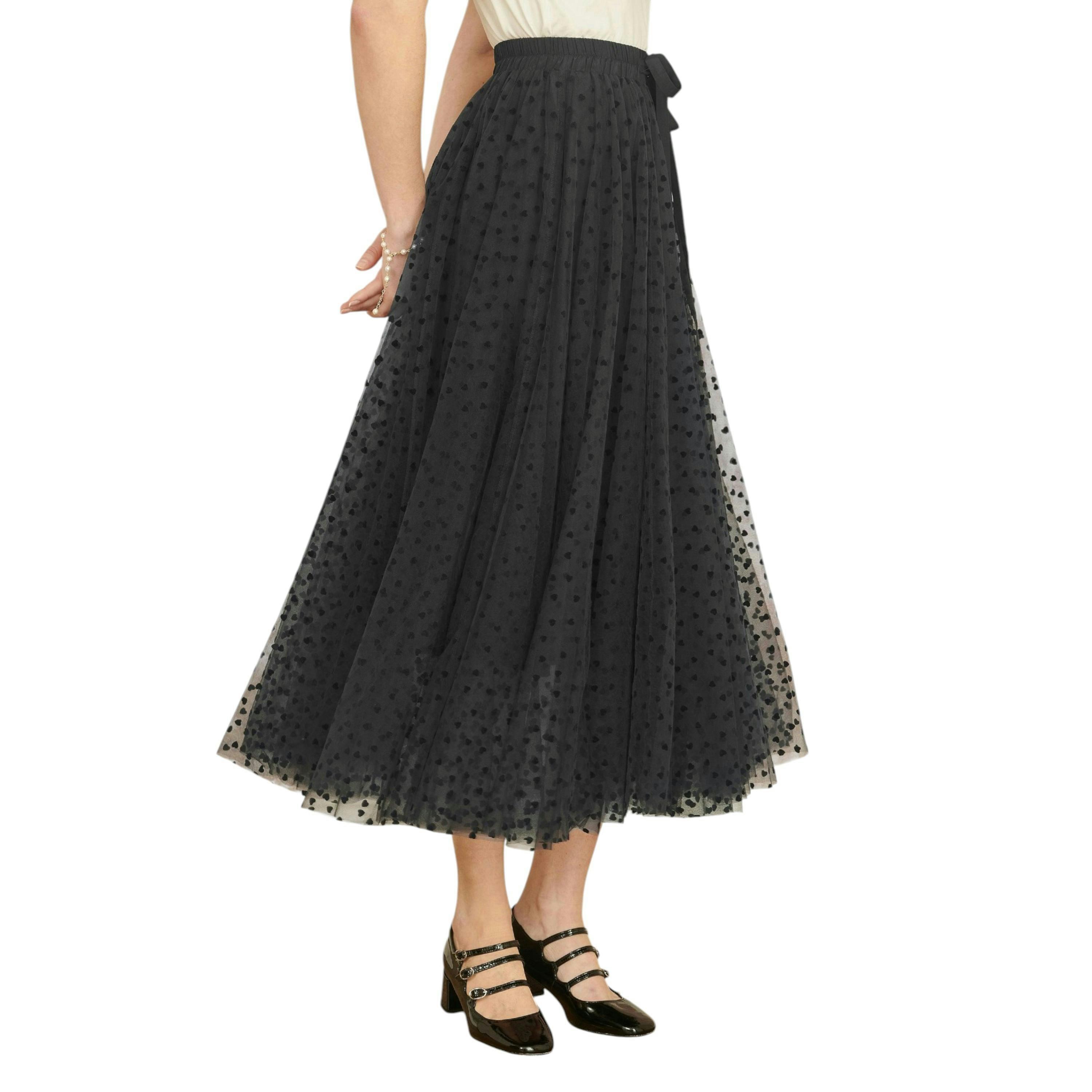 Yumi Black Mesh Heart Print Tulle Skirt , view 4 of 4
