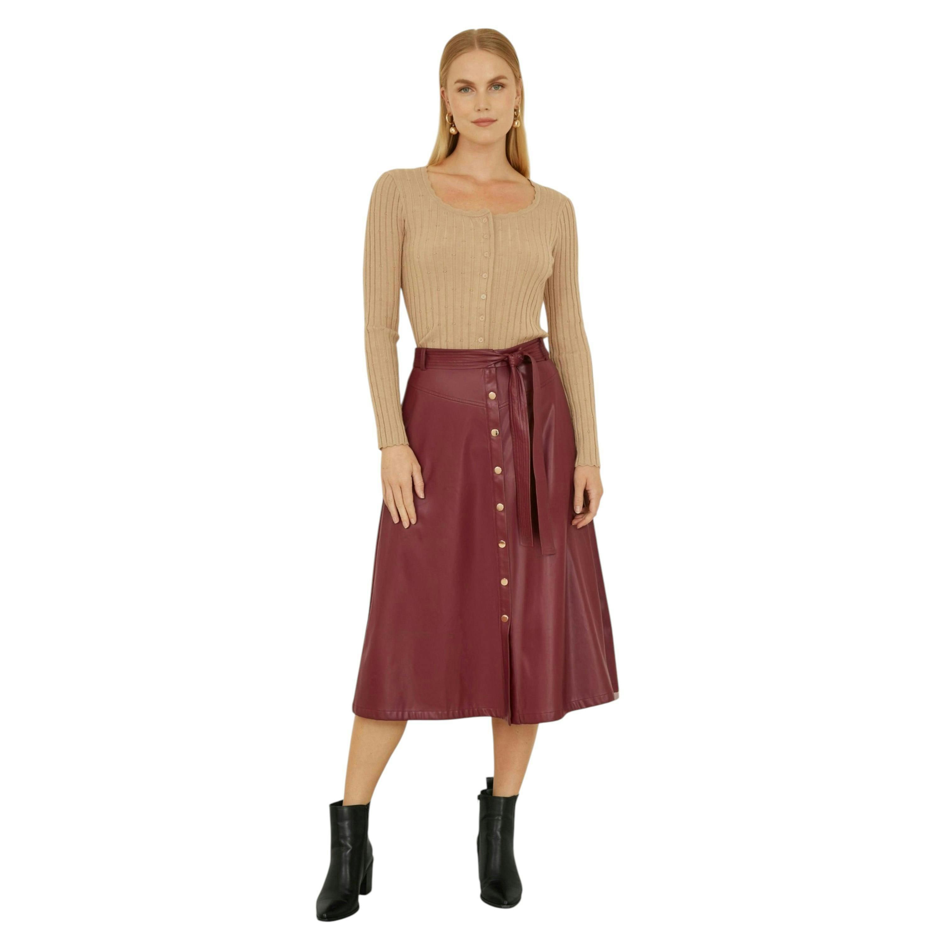 Yumi Burgundy Faux Leather A Line Midi Skirt With Button Up Details , view 2 of 4