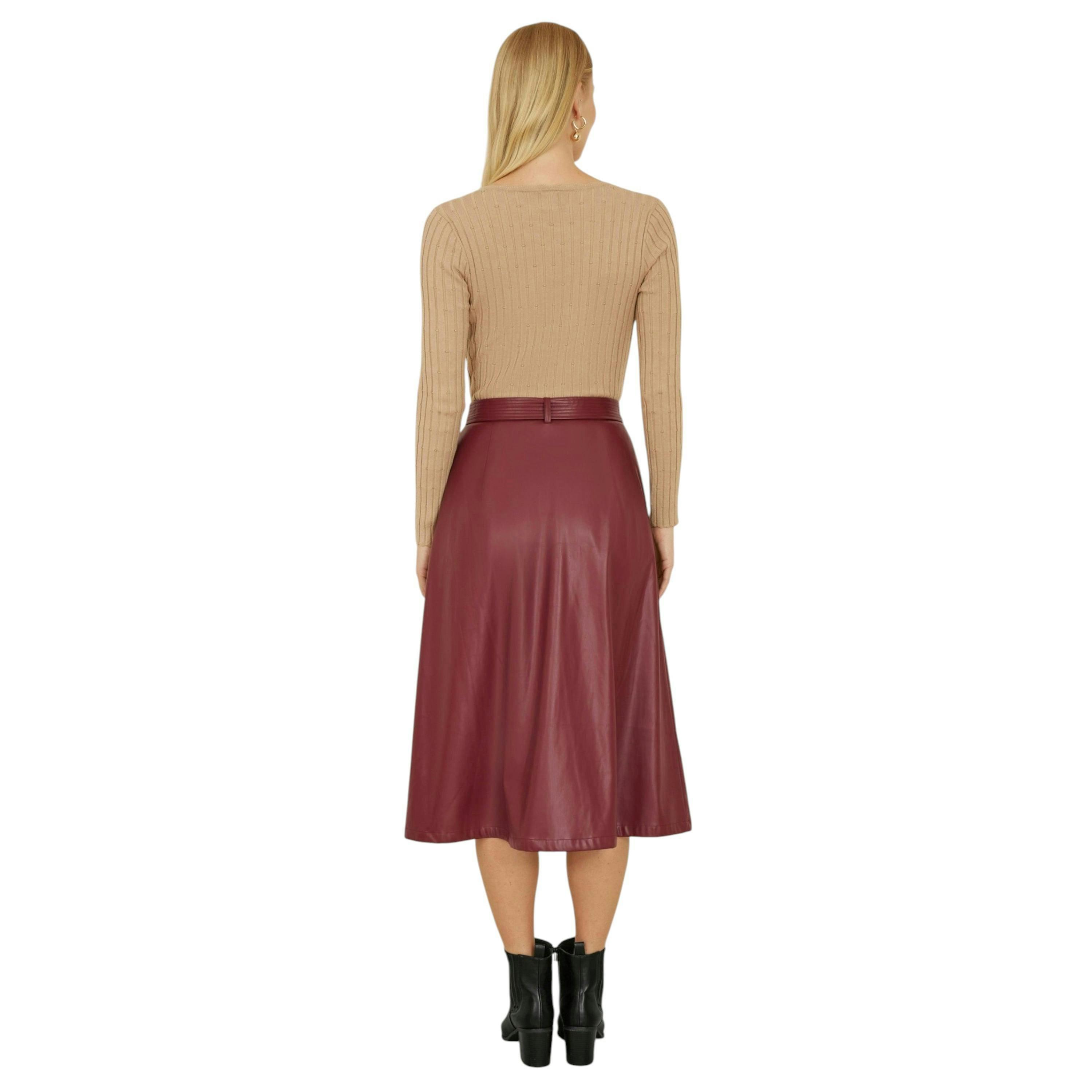Yumi Burgundy Faux Leather A Line Midi Skirt With Button Up Details , view 3 of 4