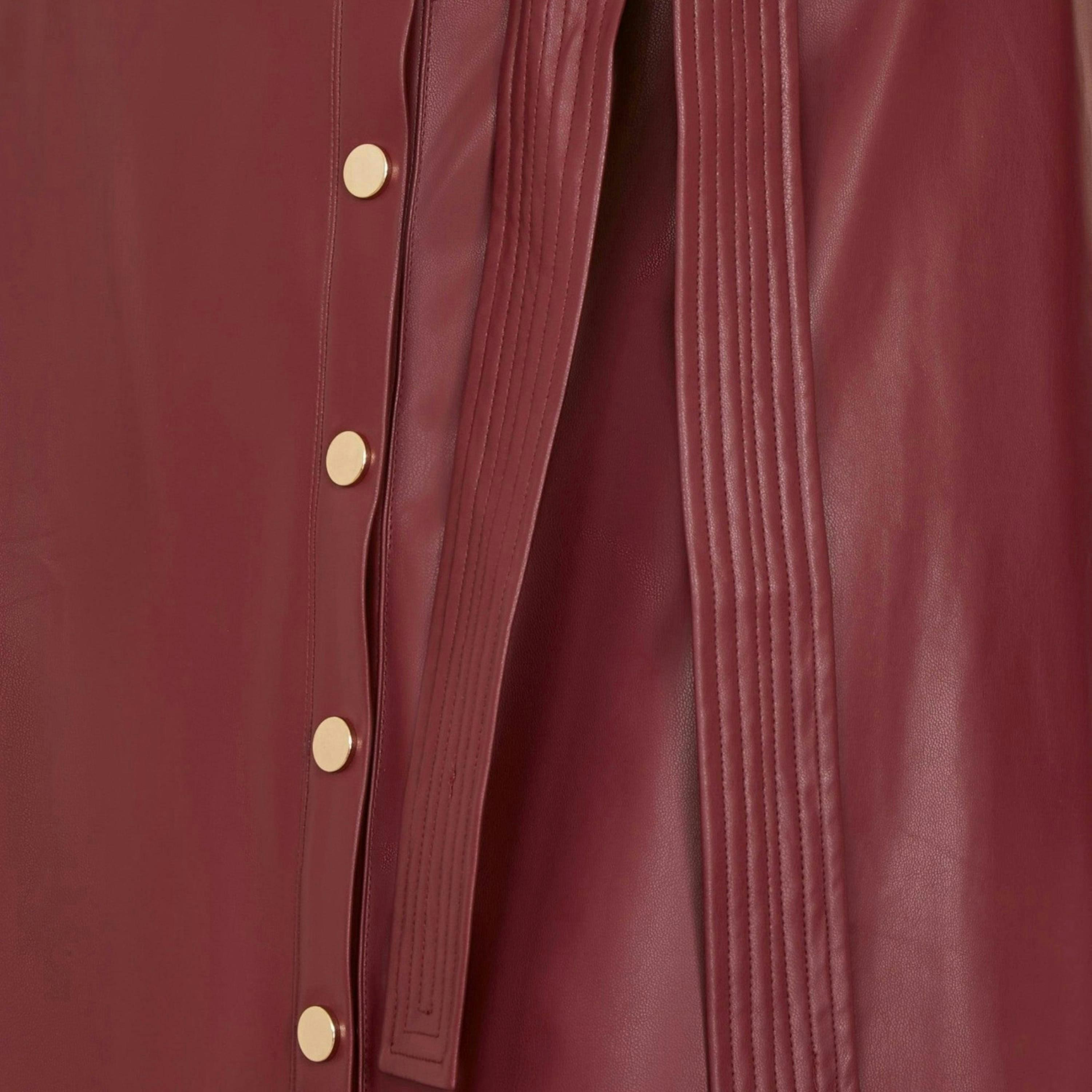 Yumi Burgundy Faux Leather A Line Midi Skirt With Button Up Details , view 4 of 4