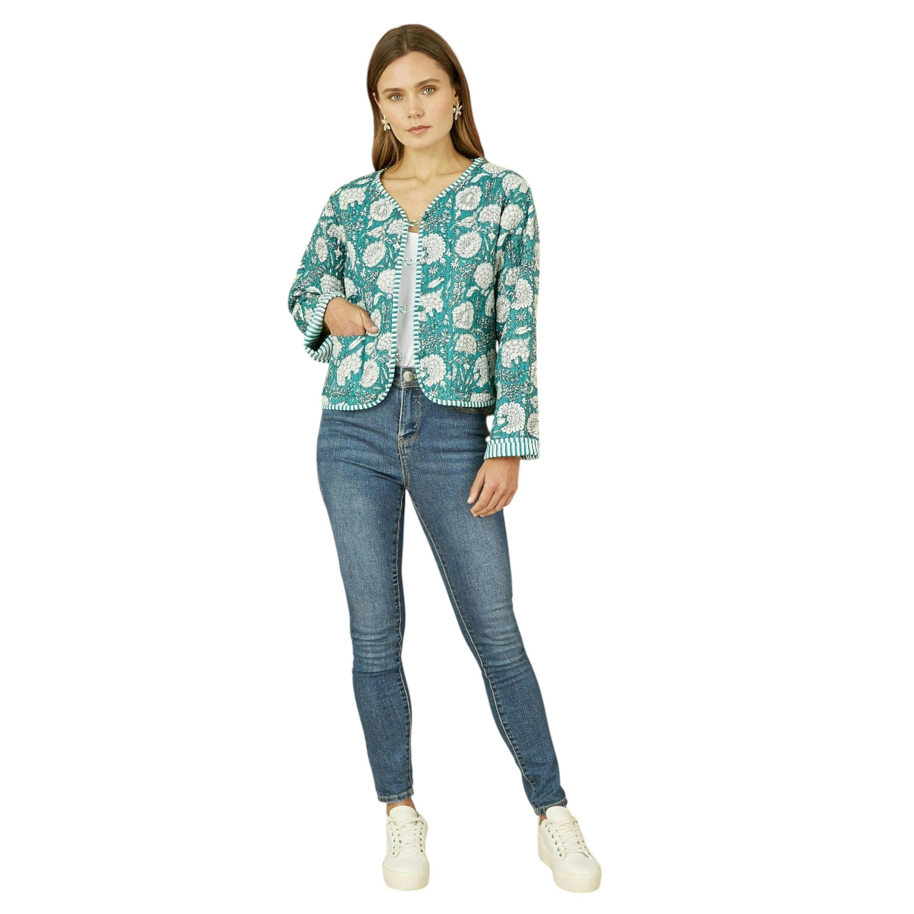 Yumi Green Patchwork Print Reversible Cotton Quilted Jacket , view 1 of 3