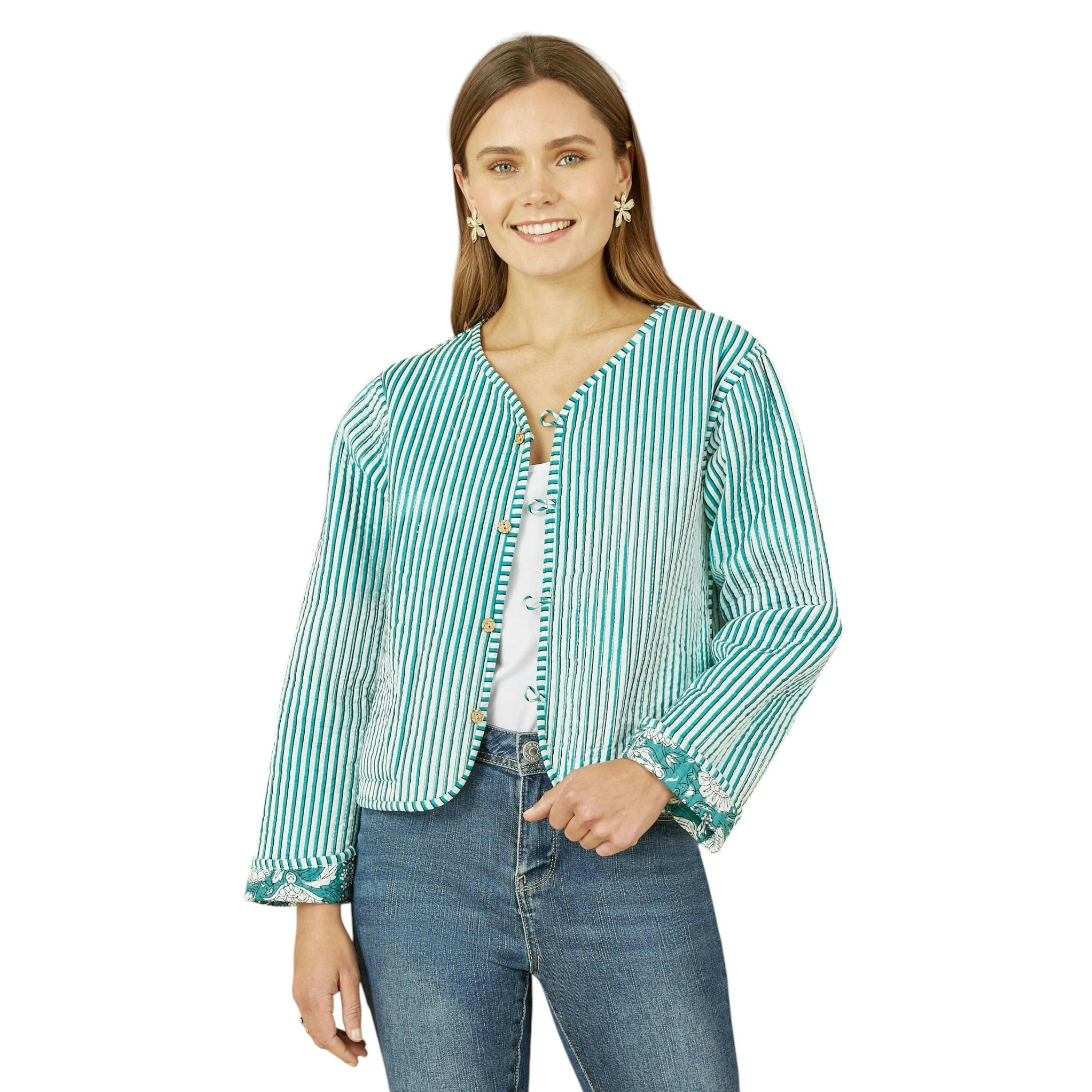 Yumi Green Patchwork Print Reversible Cotton Quilted Jacket , view 2 of 3
