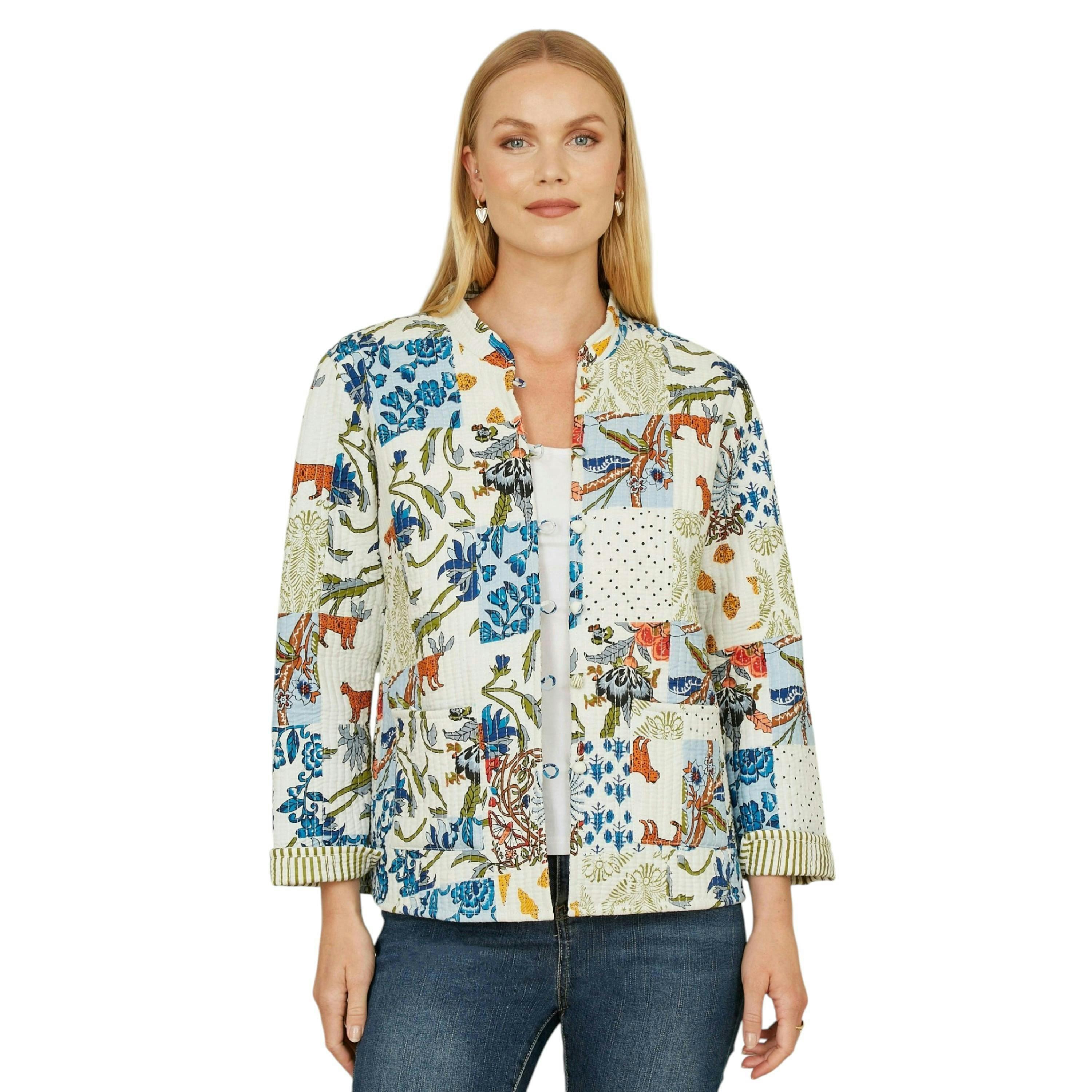 Yumi White Patchwork Print Reversible Cotton Quilted Jacket , view 1 of 5