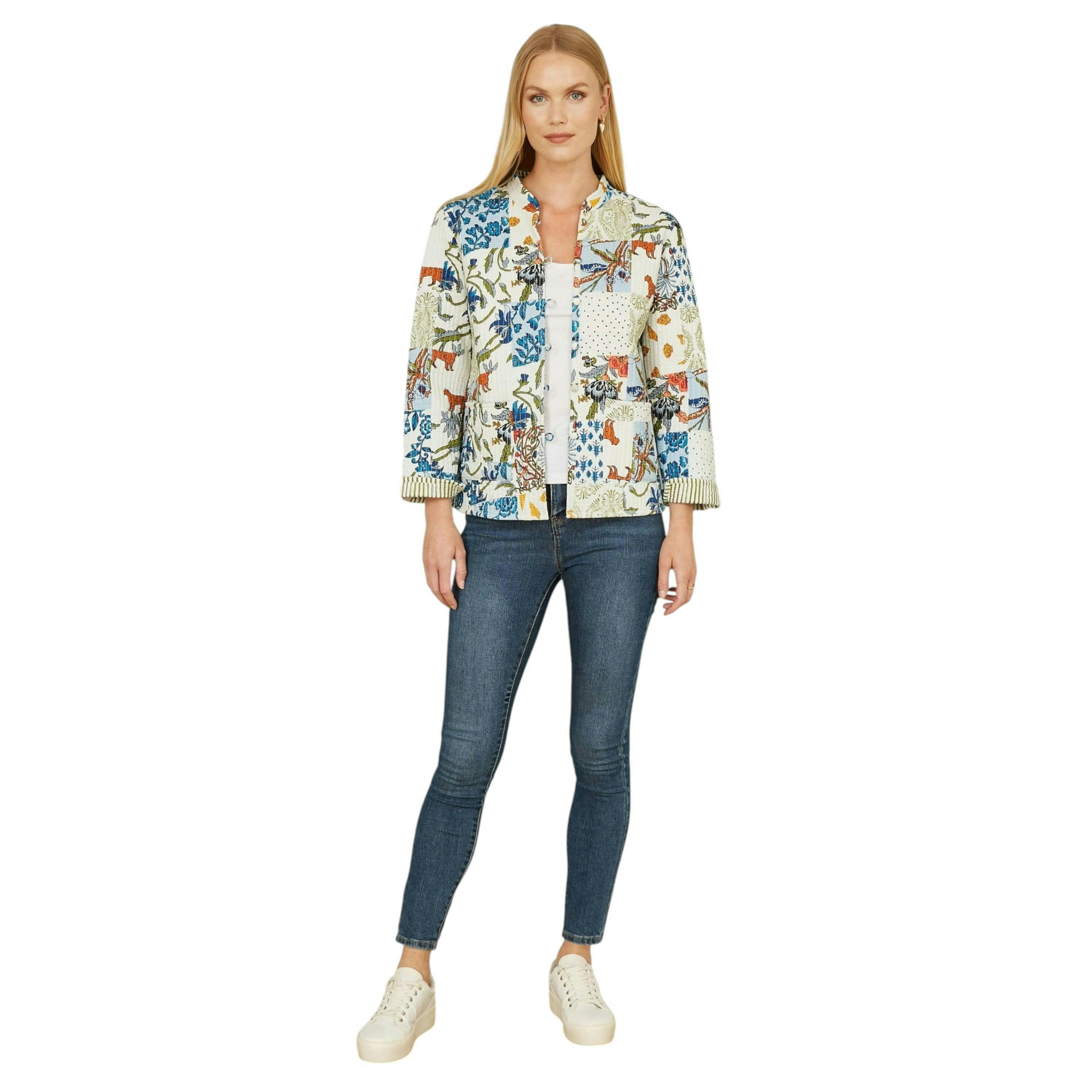 Yumi White Patchwork Print Reversible Cotton Quilted Jacket , view 2 of 5
