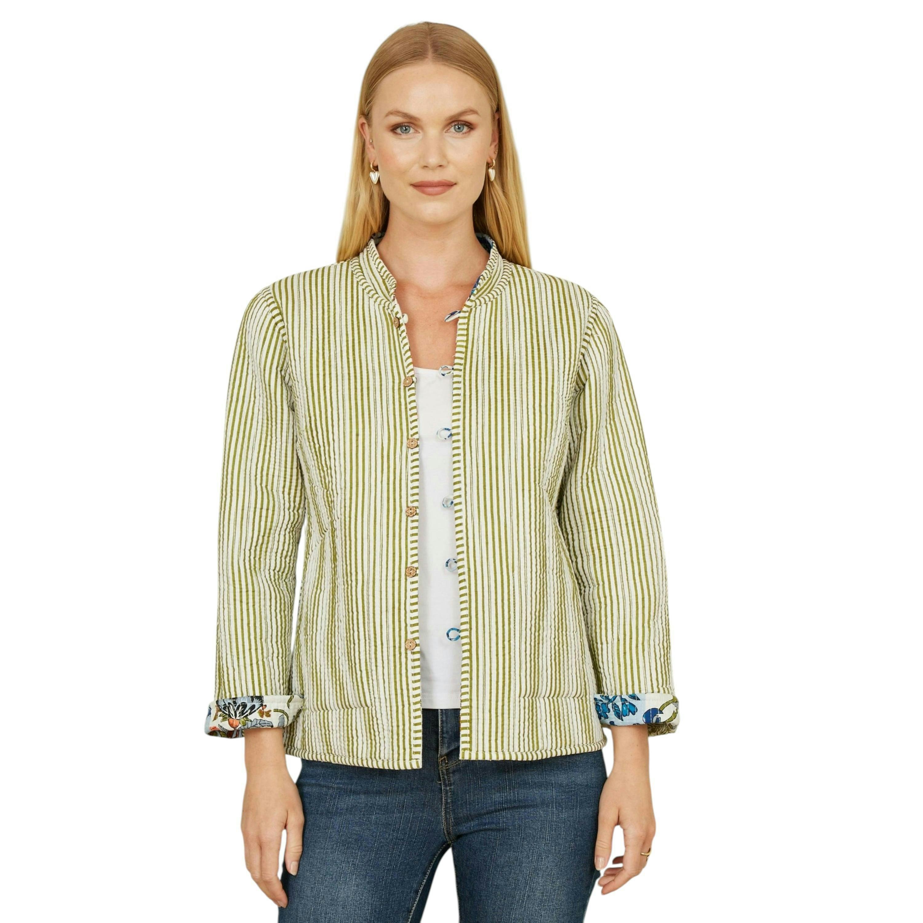 Yumi White Patchwork Print Reversible Cotton Quilted Jacket , view 3 of 5