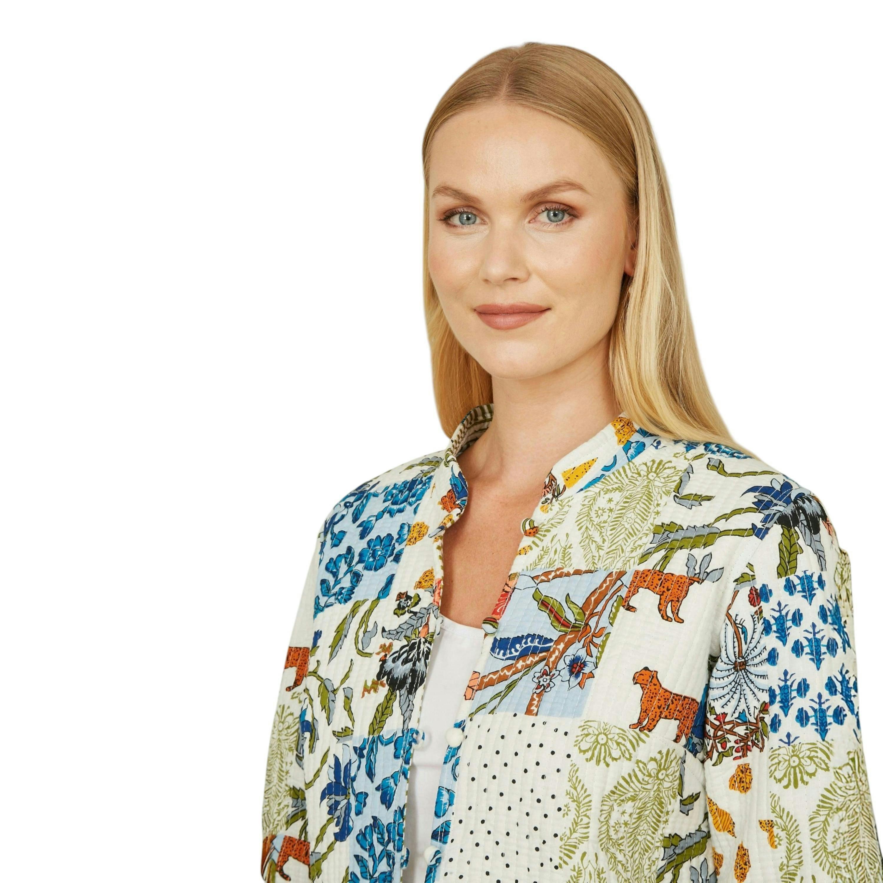 Yumi White Patchwork Print Reversible Cotton Quilted Jacket , view 4 of 5