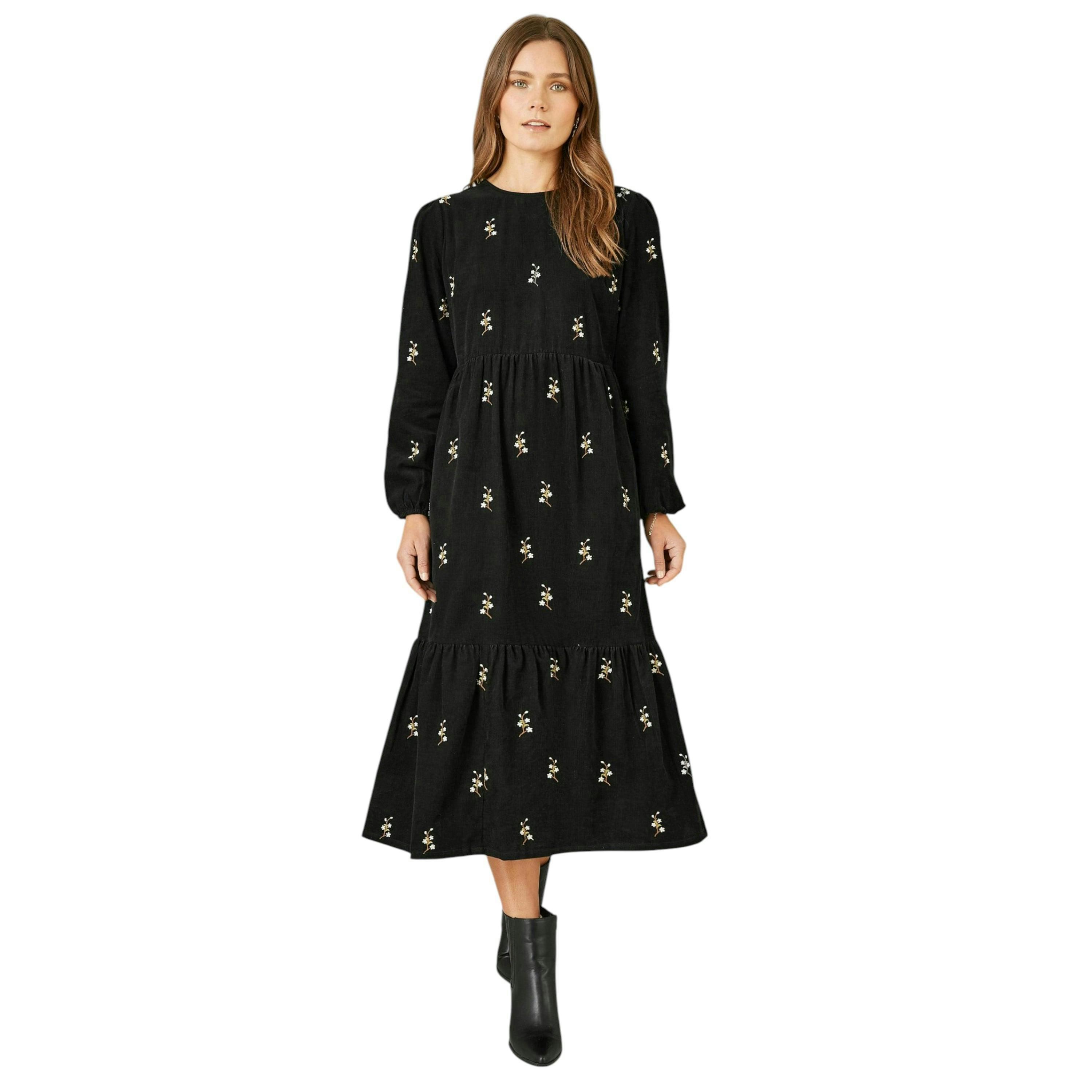 Yumi Black Long Sleeve Midi Dress With Floral Embroidery , view 2 of 5