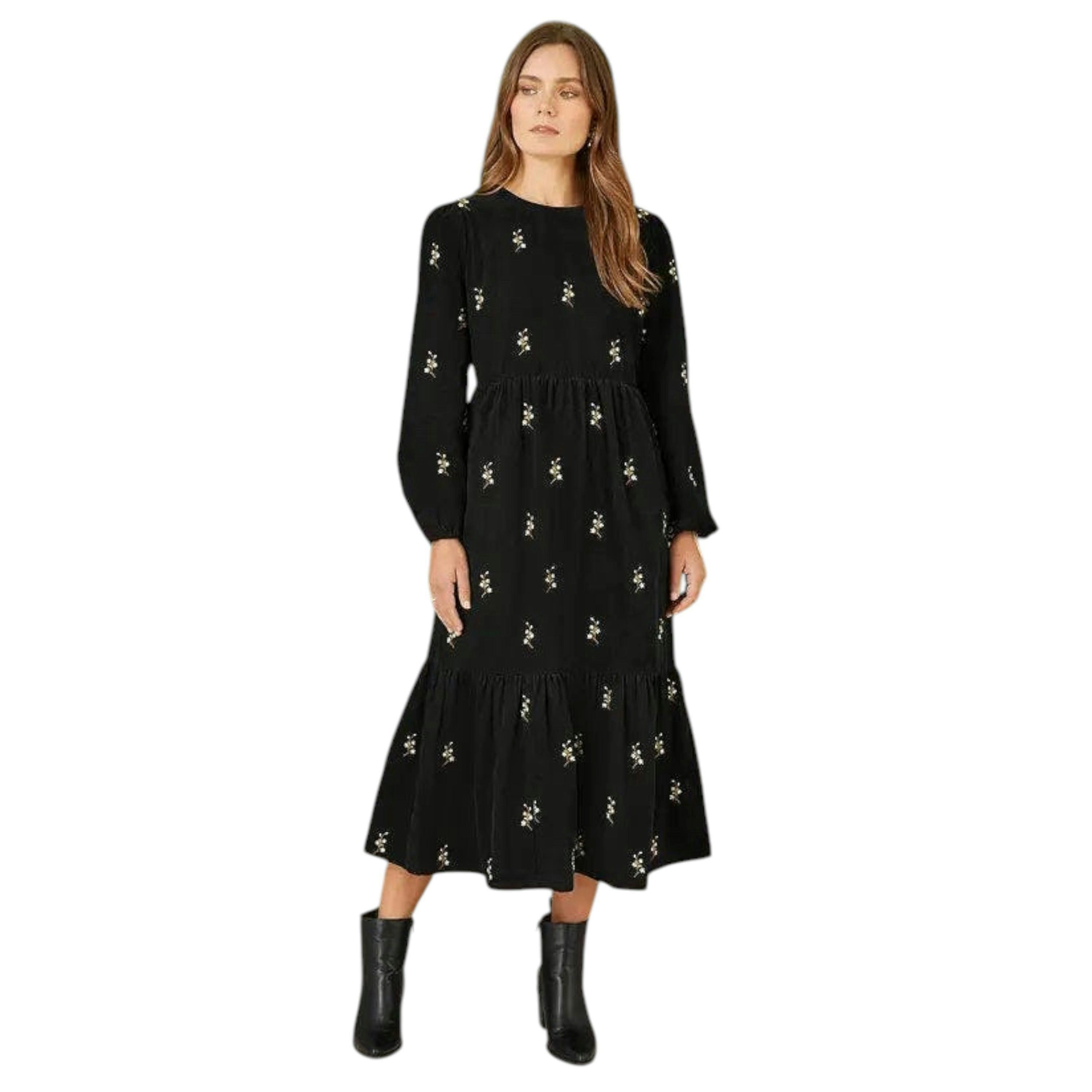 Yumi Black Long Sleeve Midi Dress With Floral Embroidery , view 3 of 5