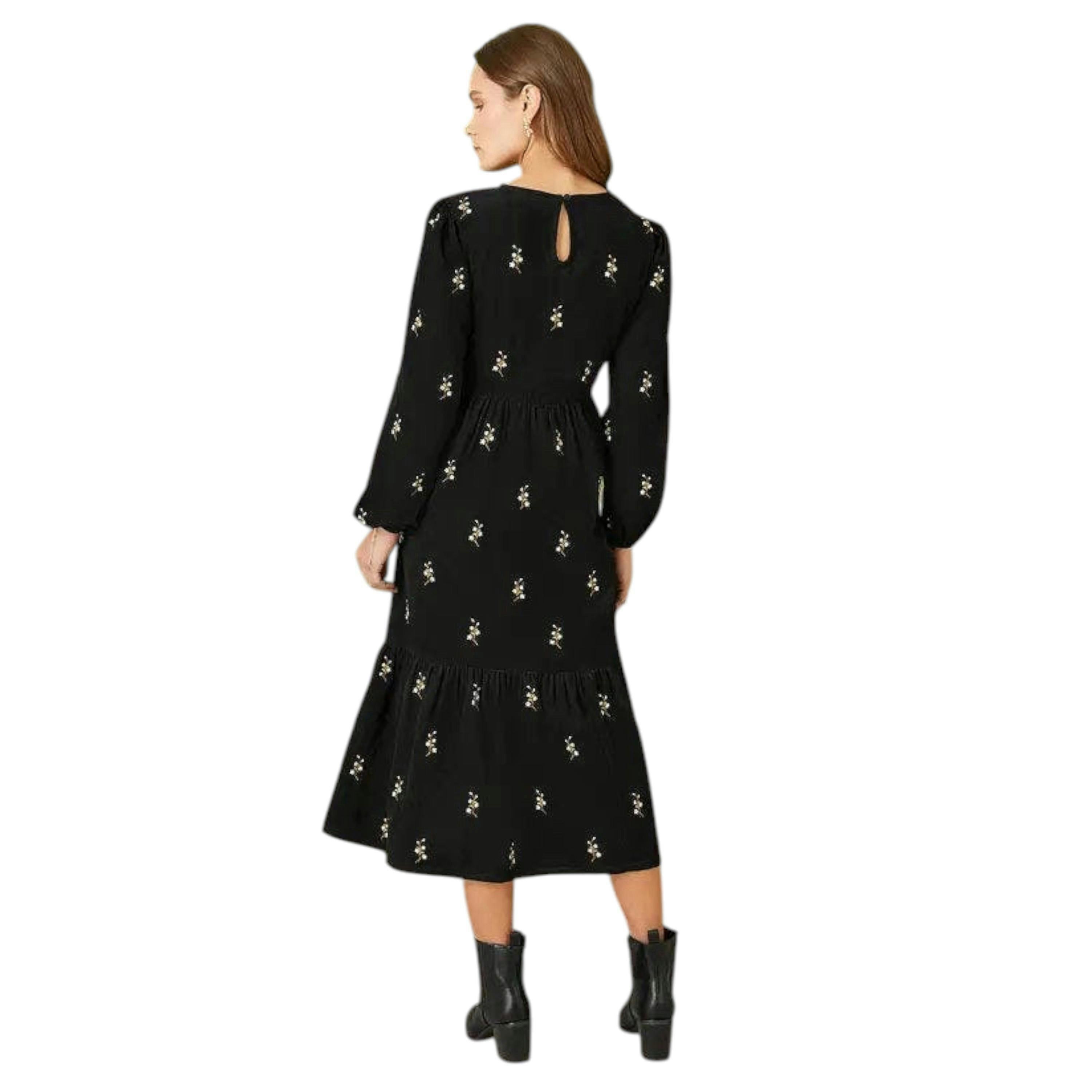 Yumi Black Long Sleeve Midi Dress With Floral Embroidery , view 4 of 5