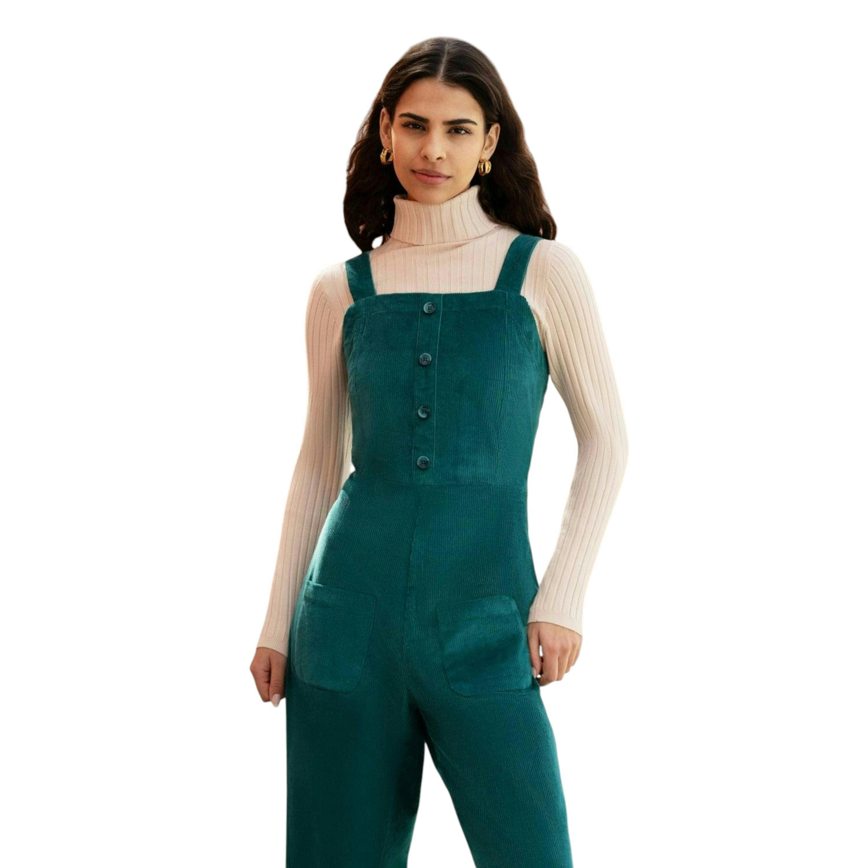 Yumi Teal Cord Stretch Dungaree Style Jumpsuit , view 2 of 6
