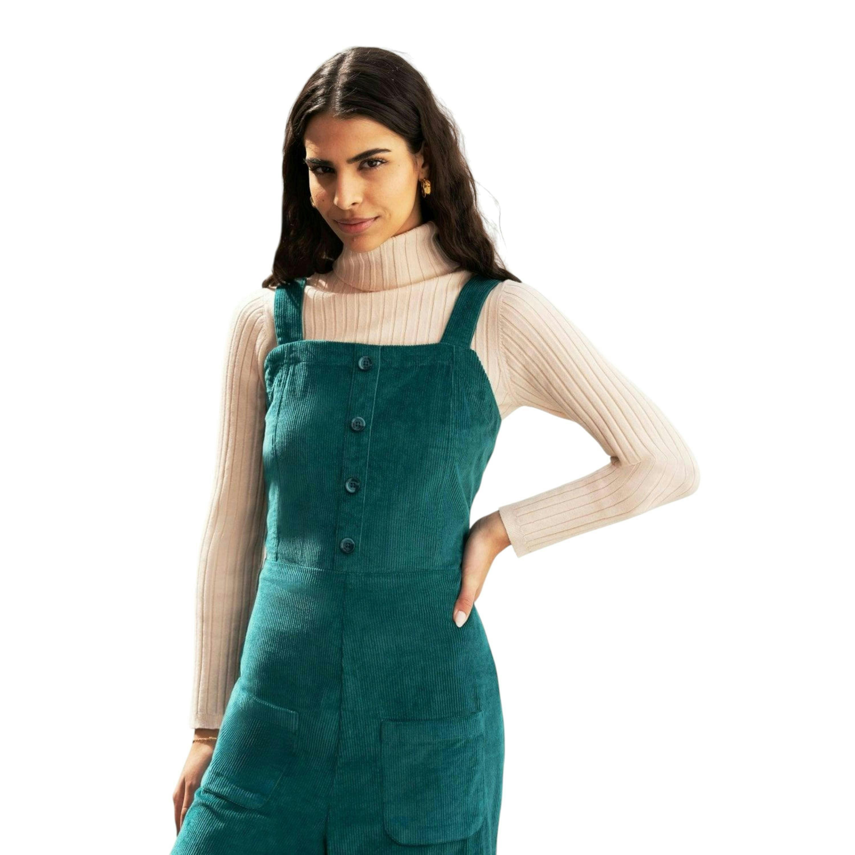 Yumi Teal Cord Stretch Dungaree Style Jumpsuit , view 3 of 6