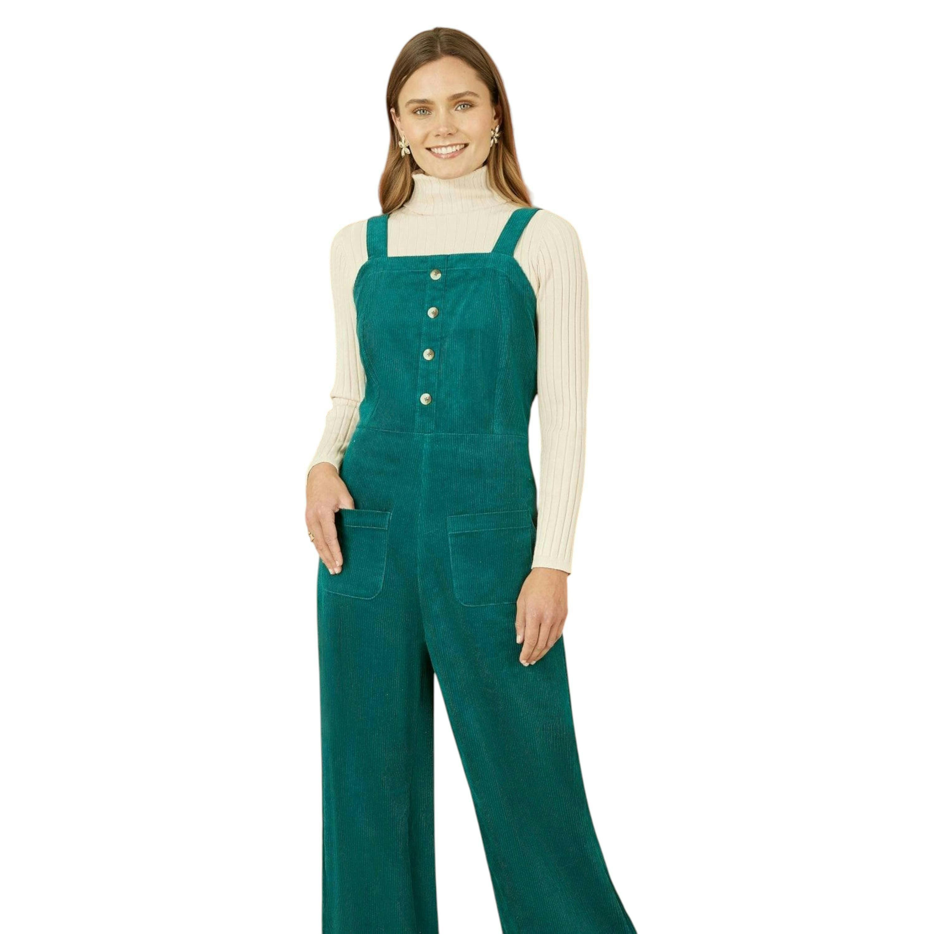 Yumi Teal Cord Stretch Dungaree Style Jumpsuit , view 4 of 6