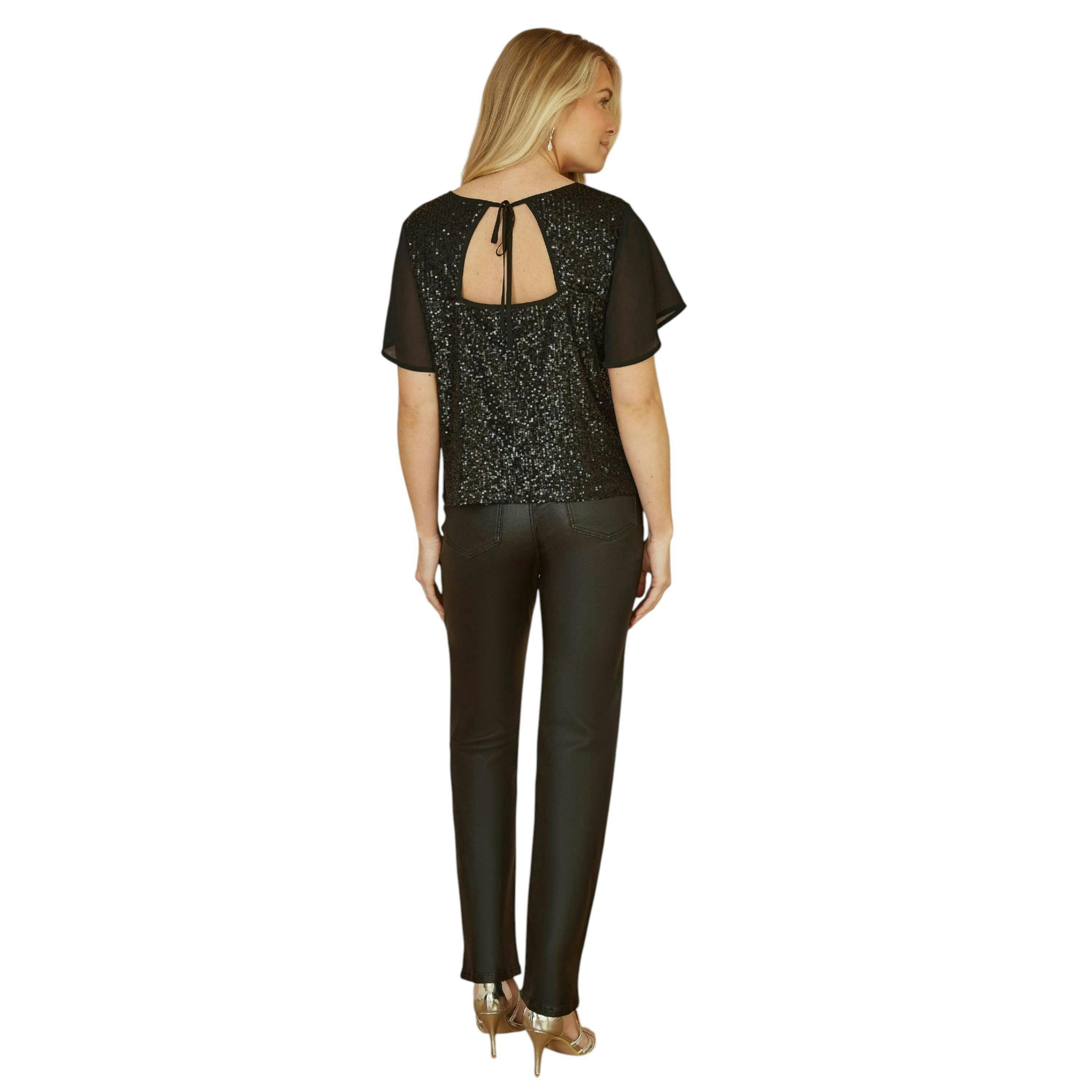 Yumi Black Sequin Top With Sheer Sleeves And Cut Out Back , view 2 of 2