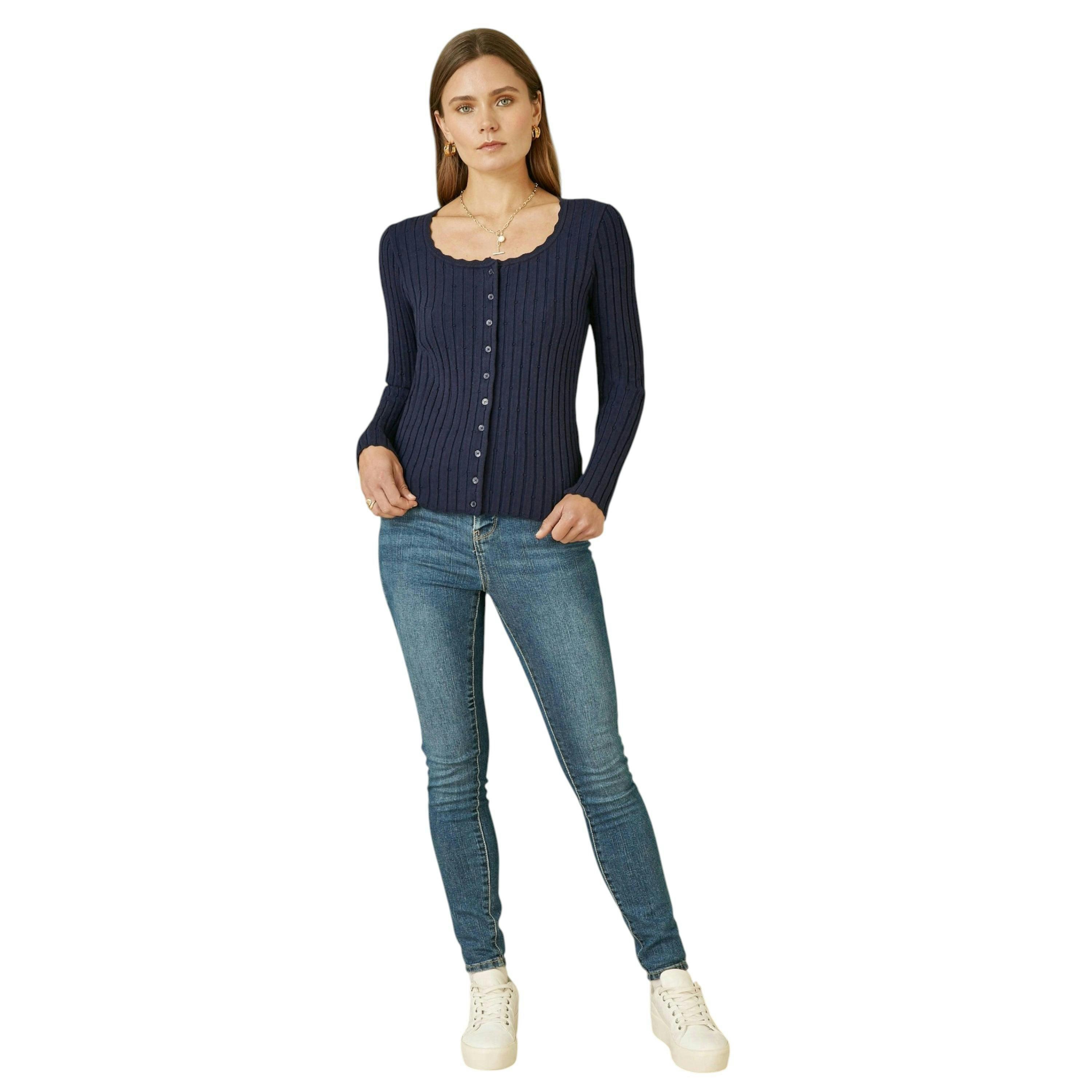 Yumi Navy Fitted Rib Button Up Cardigan , view 2 of 3