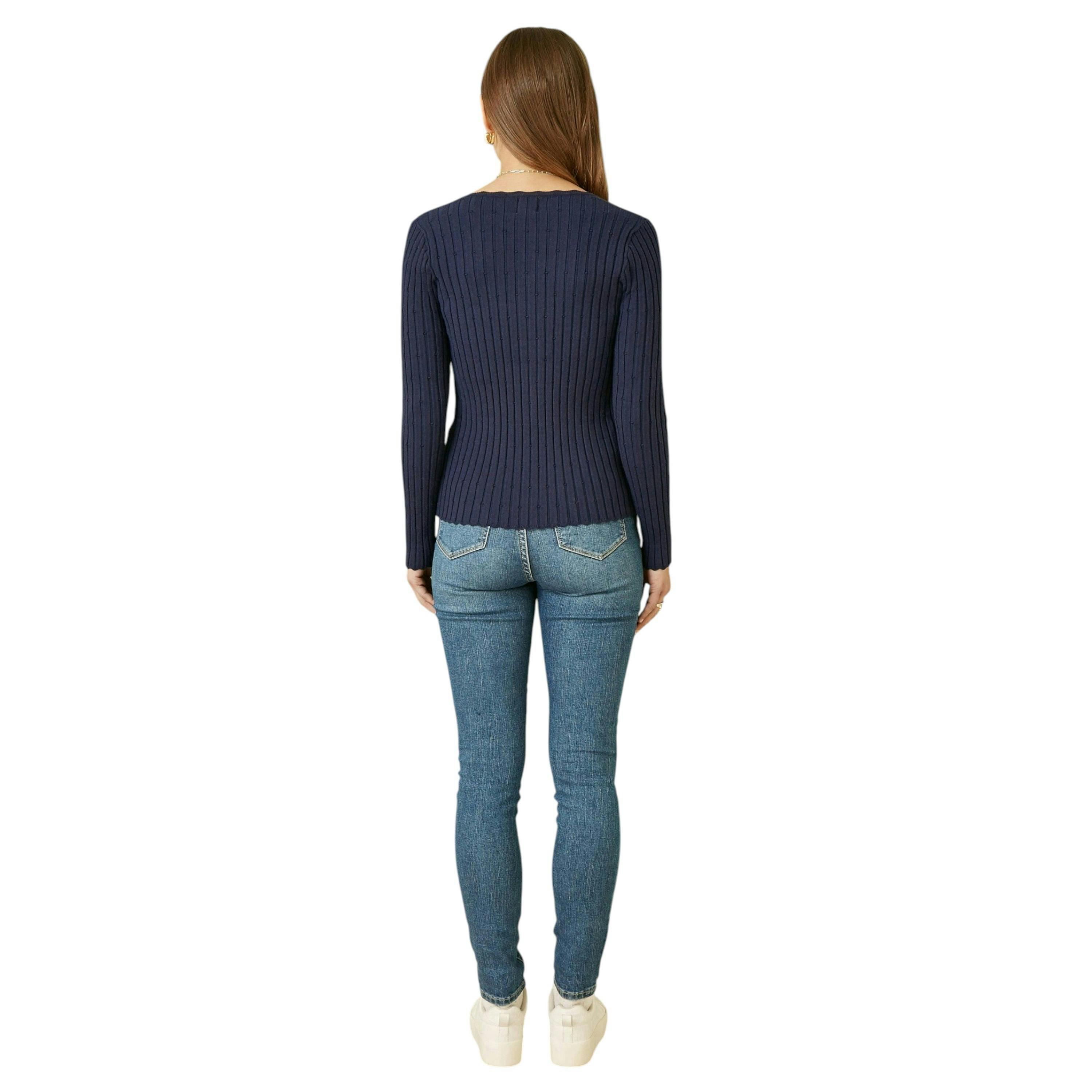 Yumi Navy Fitted Rib Button Up Cardigan , view 3 of 3