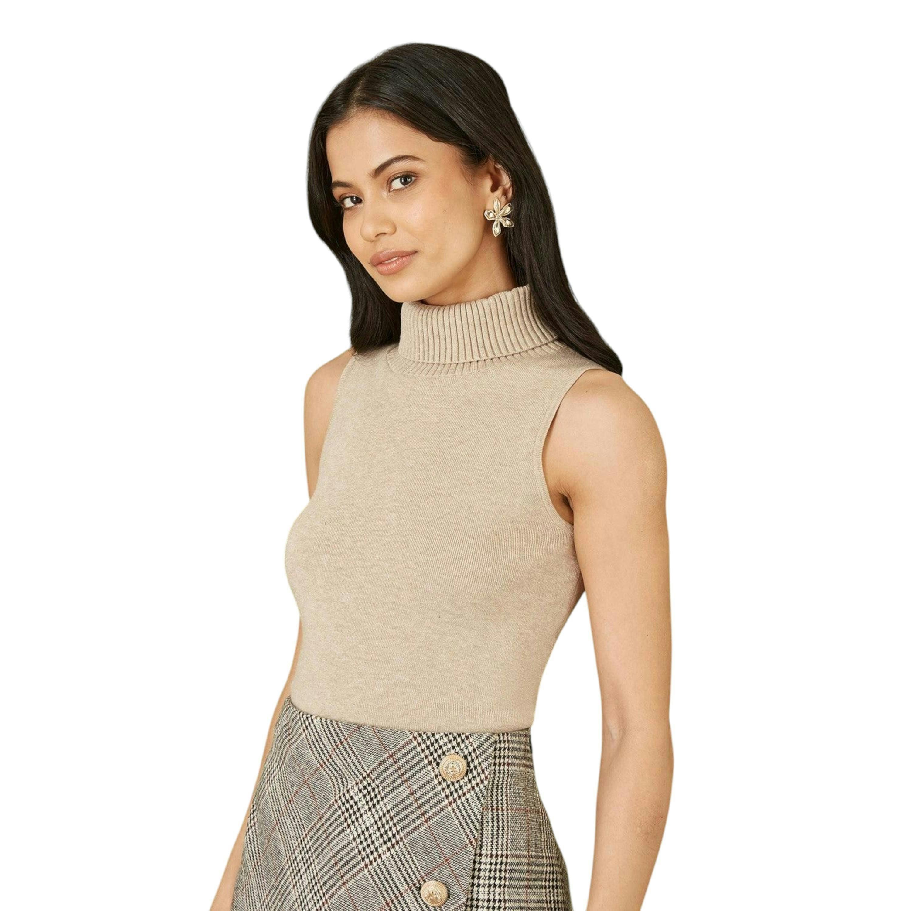 Yumi Oatmeal Knitted Roll Neck Sleeveless Jumper , view 4 of 4