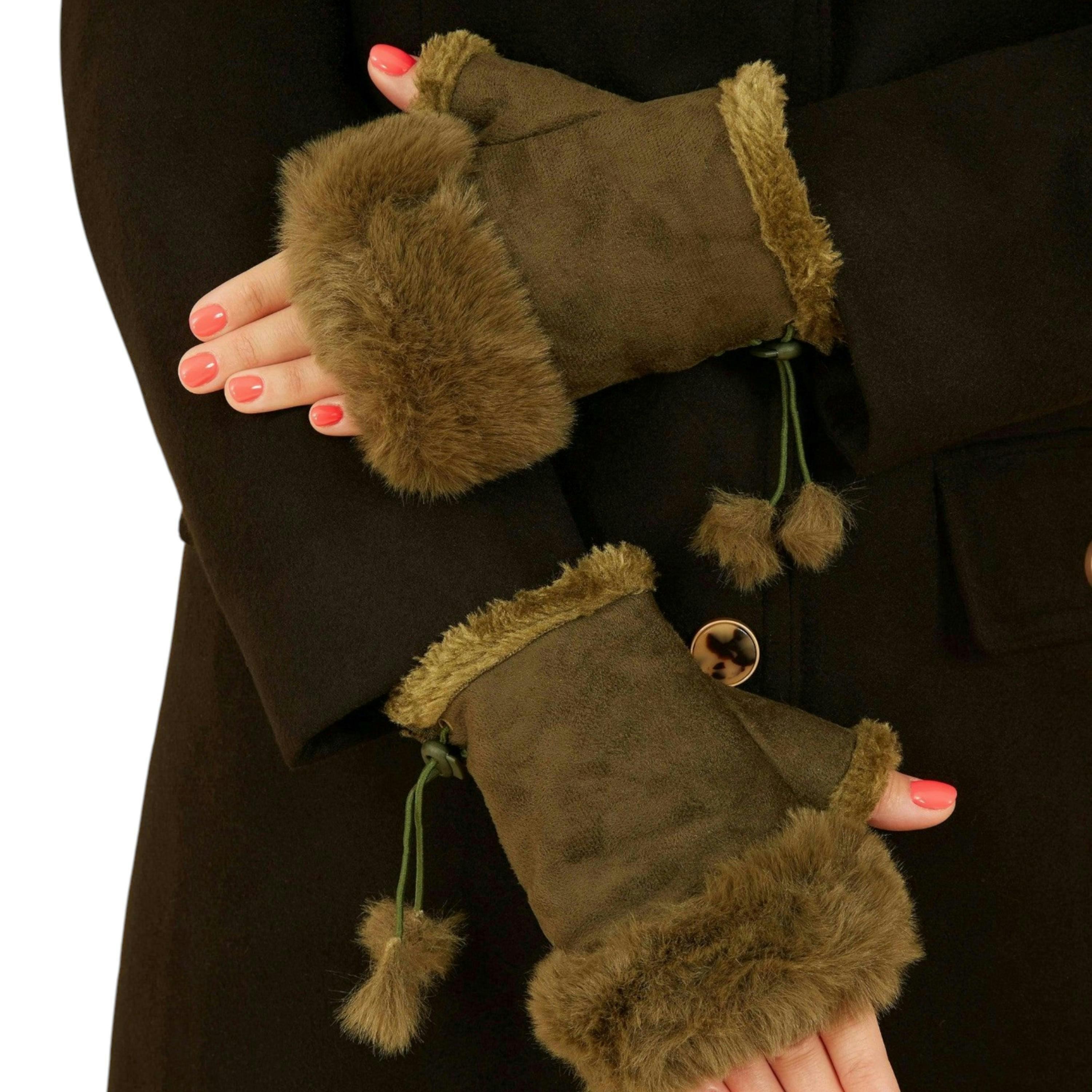 Green Fur Fingerless Suede Mittens , view 1 of 1
