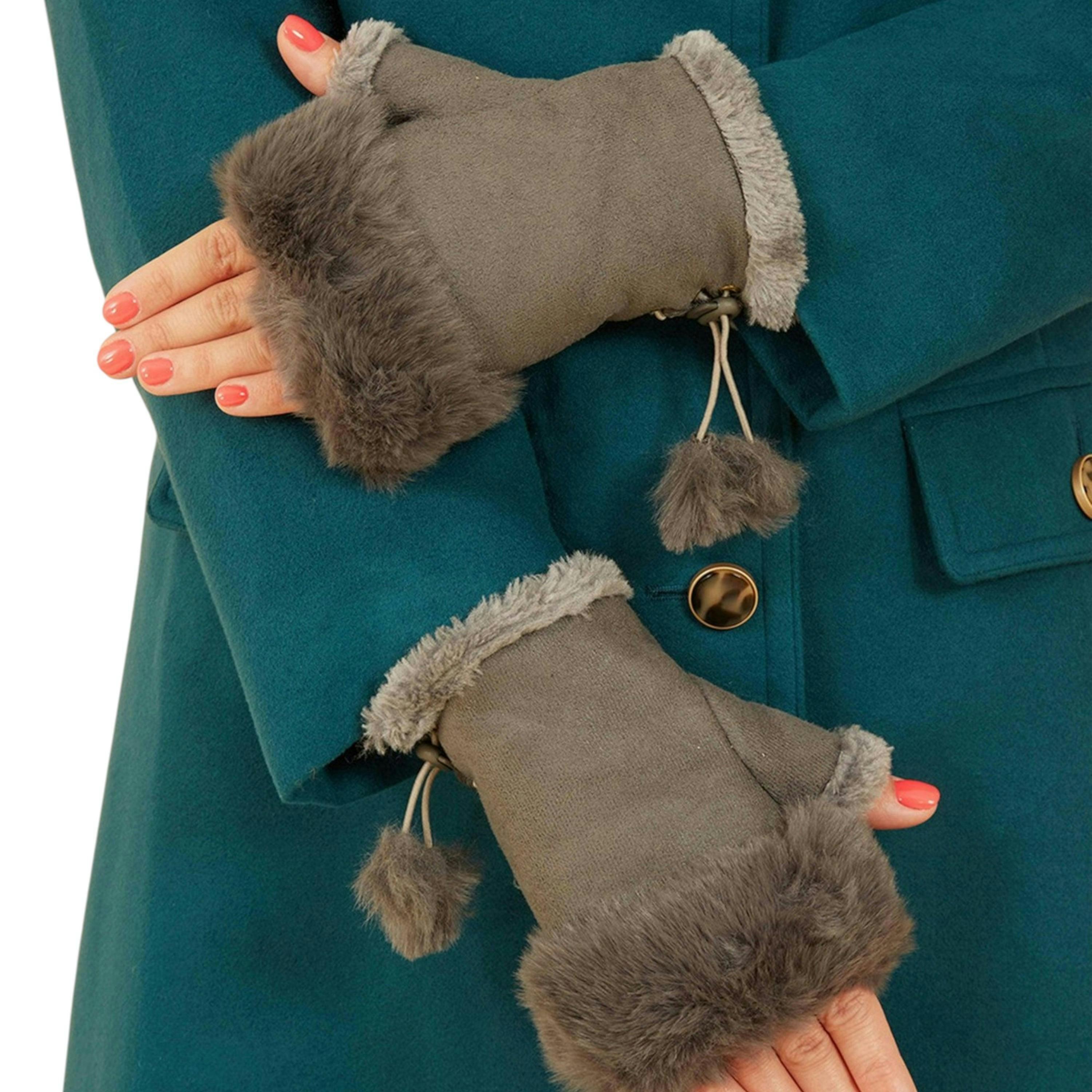 Grey Fur Fingerless Suede Mittens , view 1 of 1