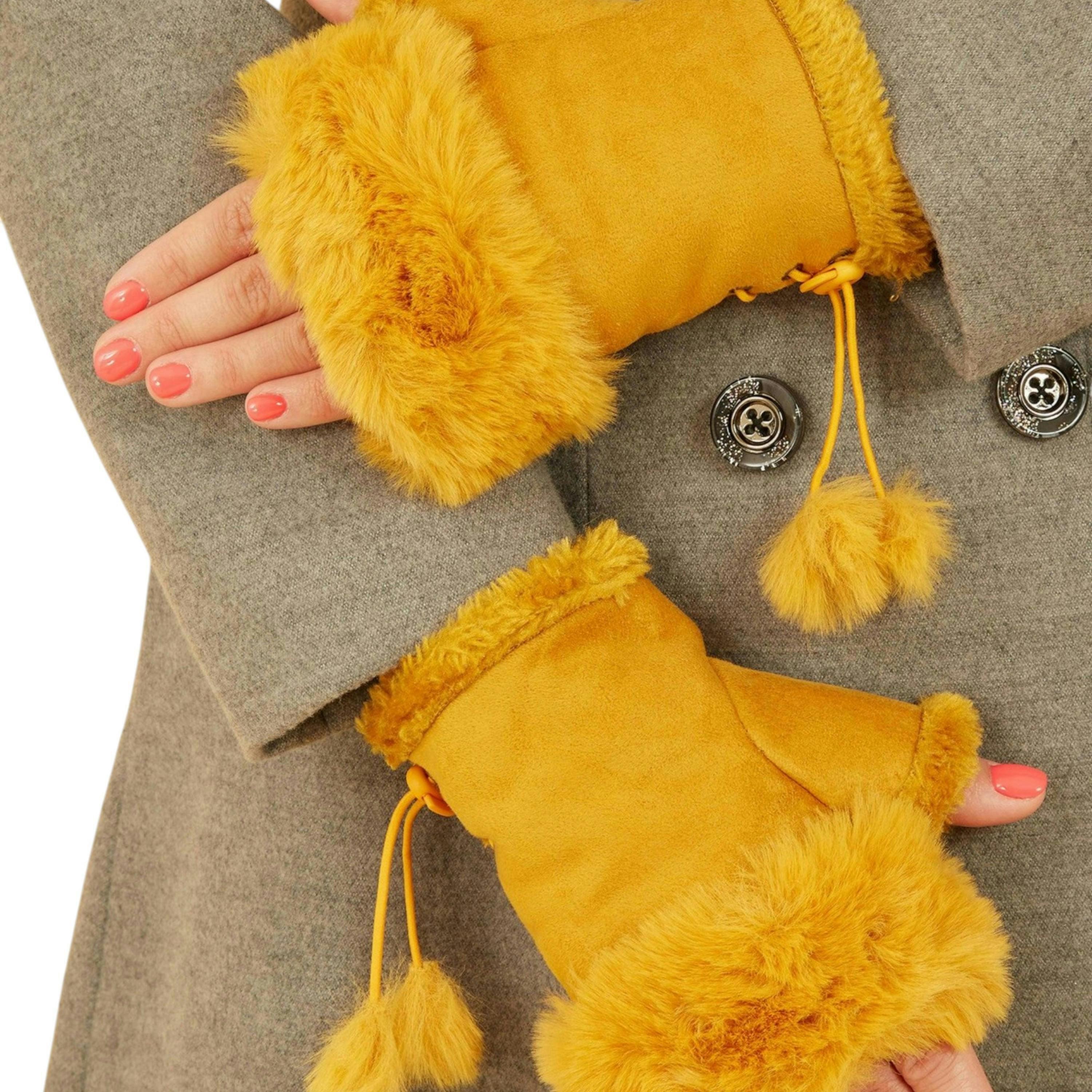 Mustard Fur Fingerless Suede Mittens , view 1 of 1