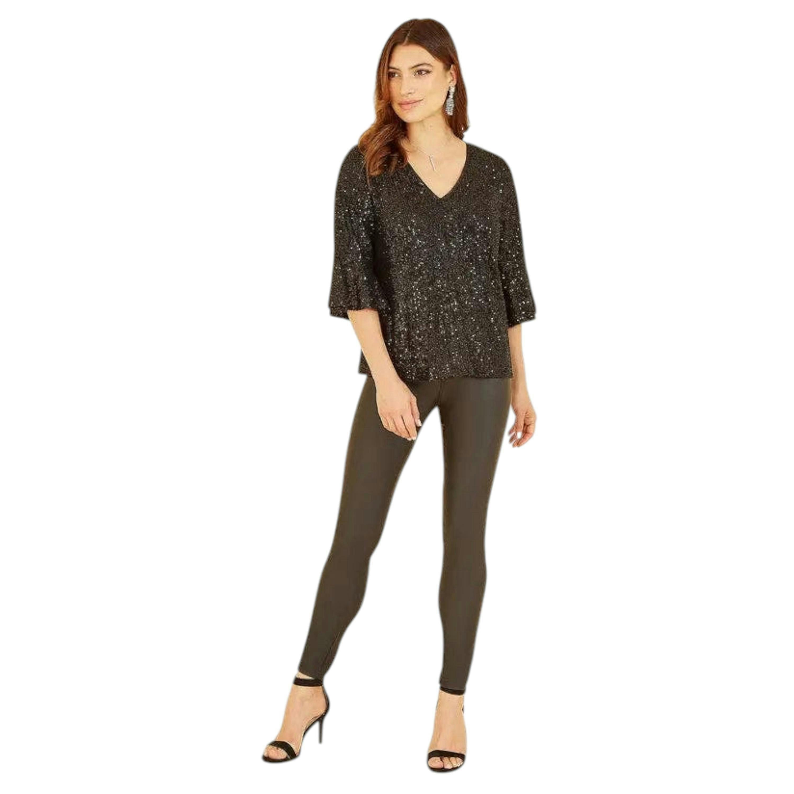 Yumi Black Sequin Top With Fluted Sleeve , view 1 of 5