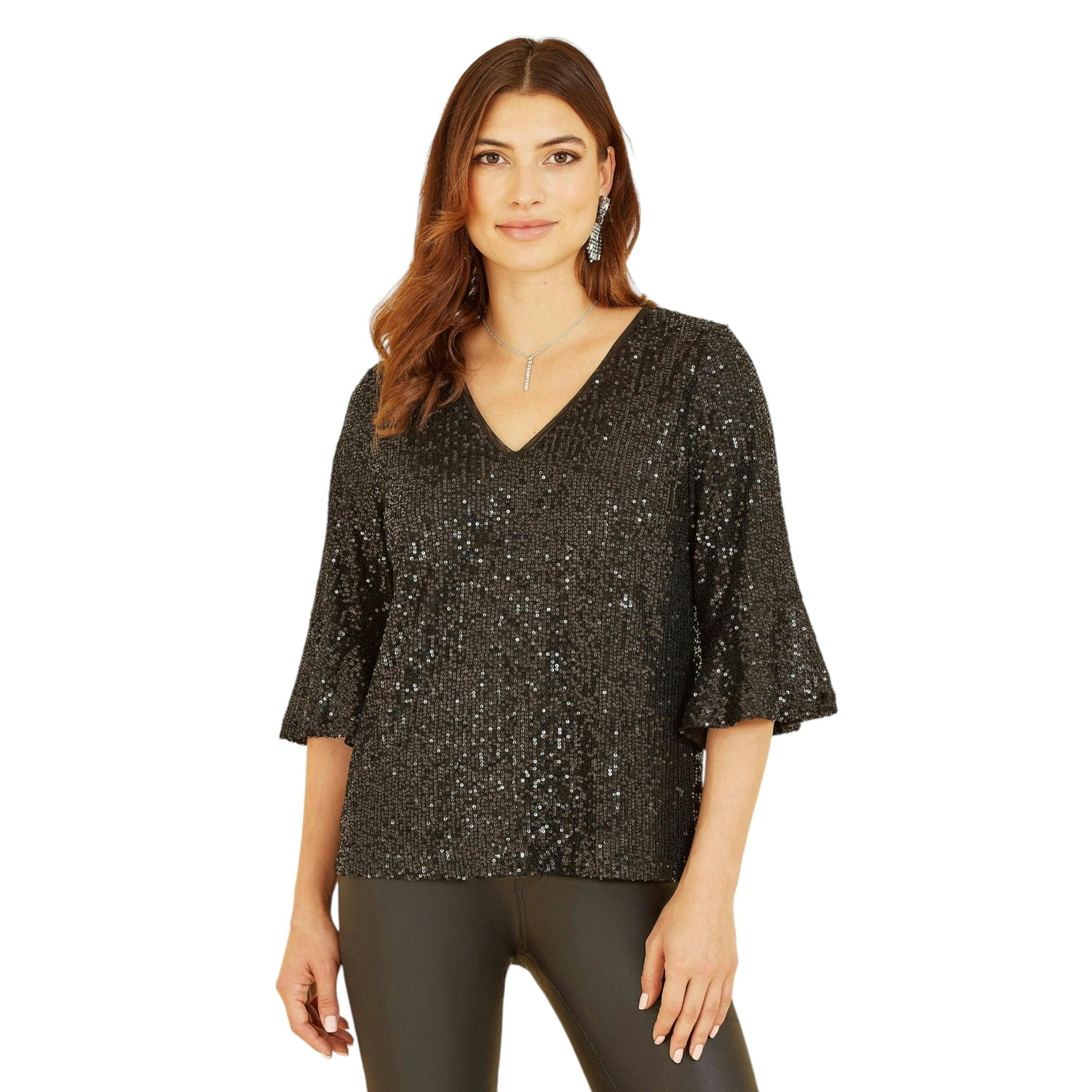 Yumi Black Sequin Top With Fluted Sleeve , view 2 of 5