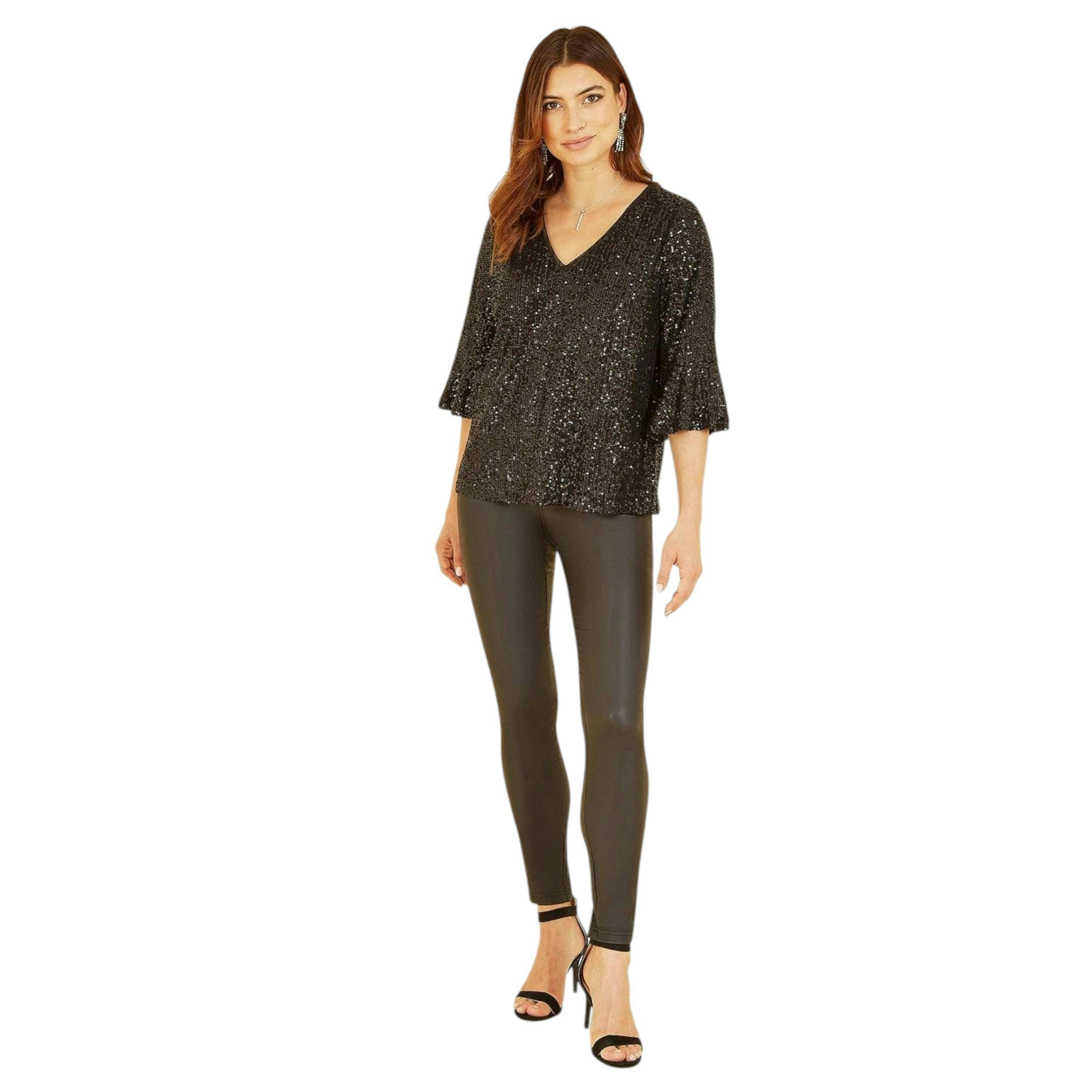 Yumi Black Sequin Top With Fluted Sleeve , view 3 of 5