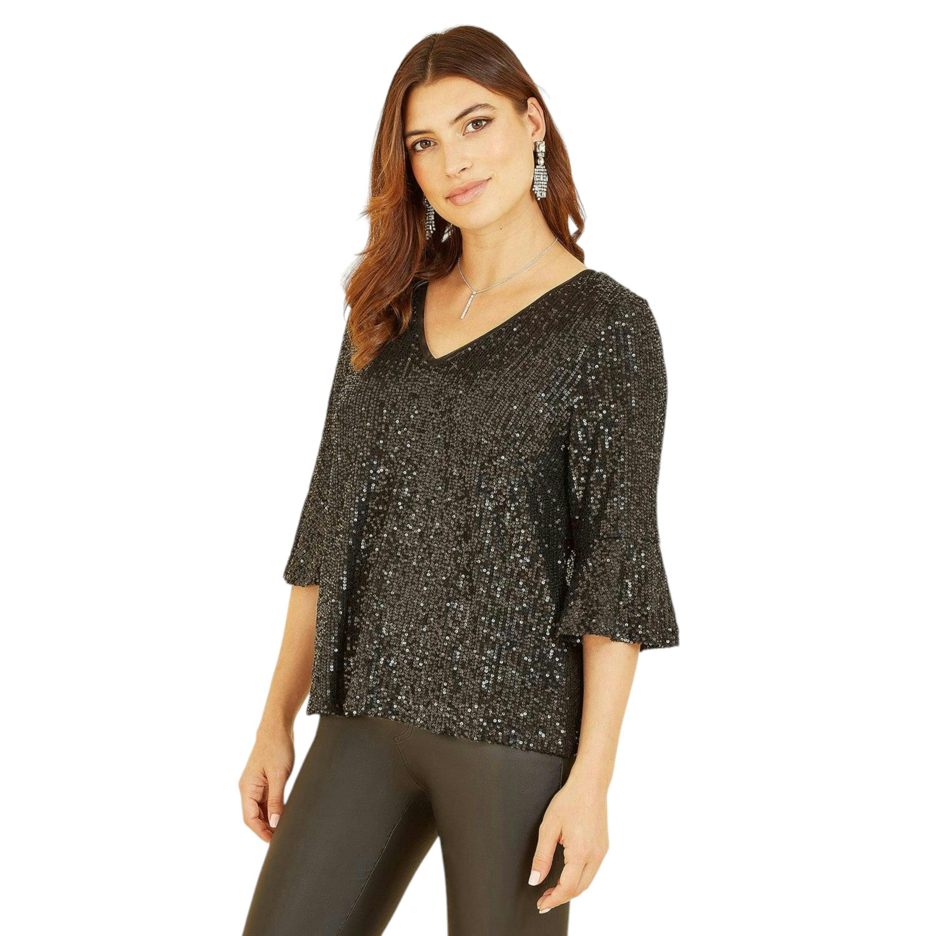 Yumi Black Sequin Top With Fluted Sleeve , view 4 of 5