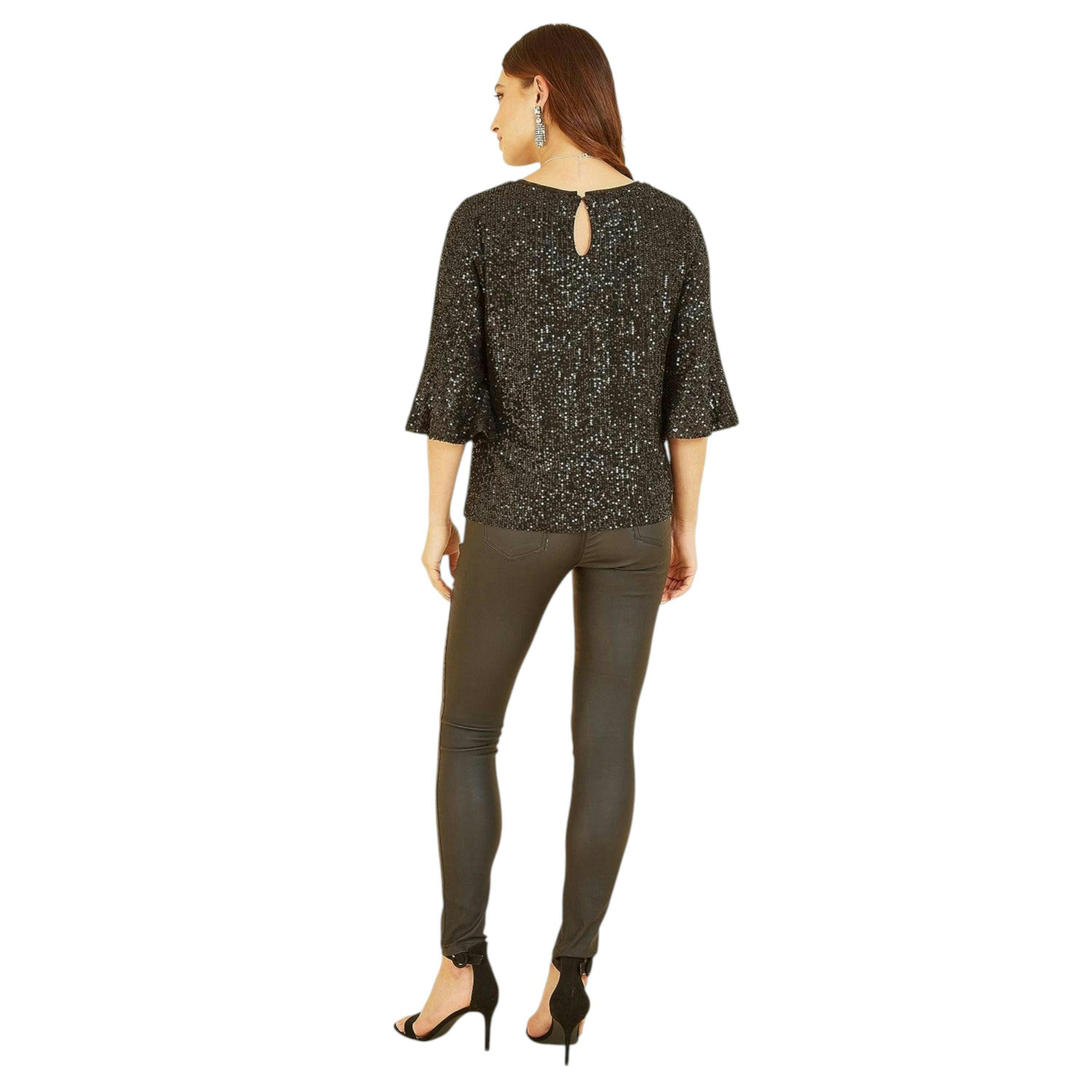 Yumi Black Sequin Top With Fluted Sleeve , view 5 of 5