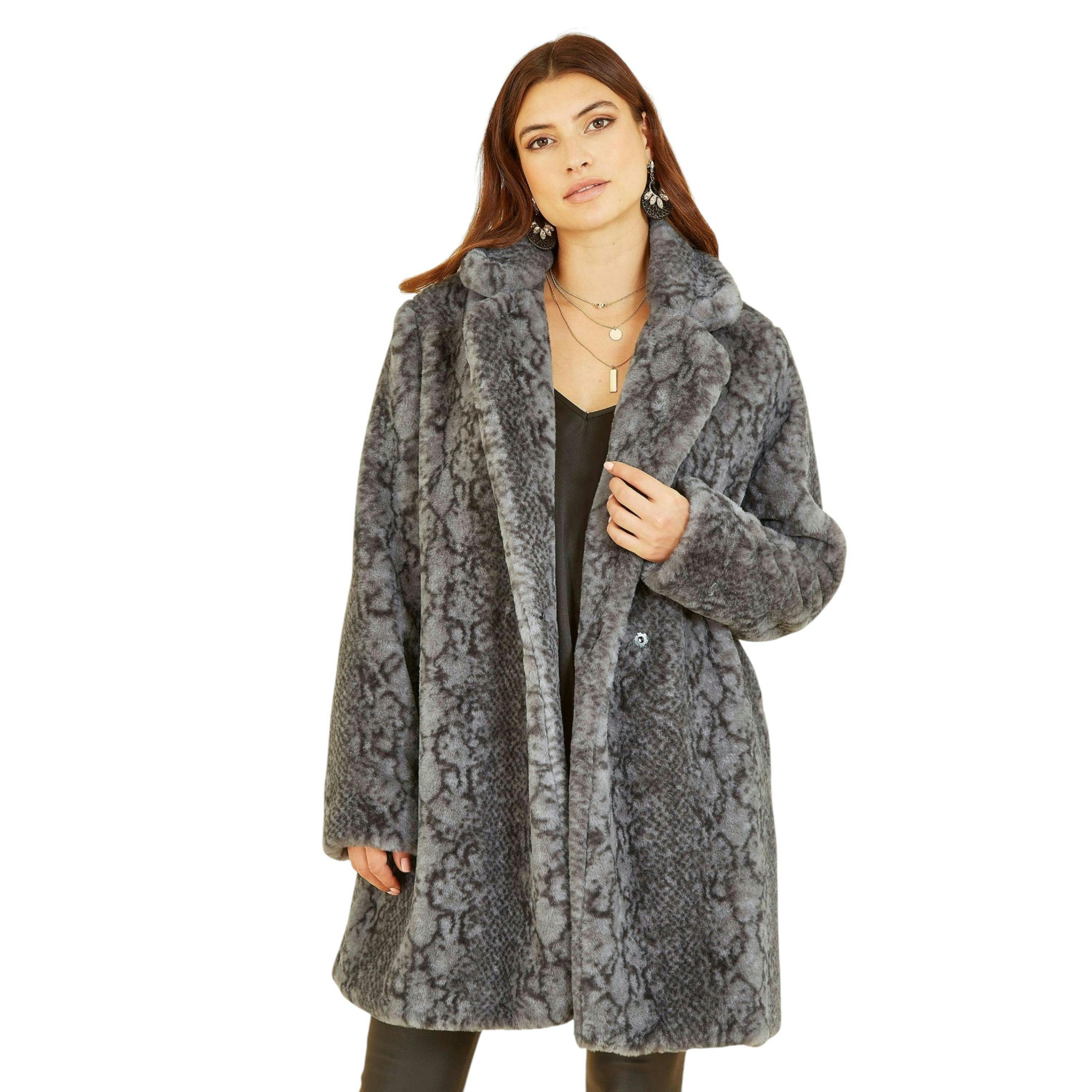 Yumi Grey Snakeskin Print Faux Fur Coat , view 1 of 5