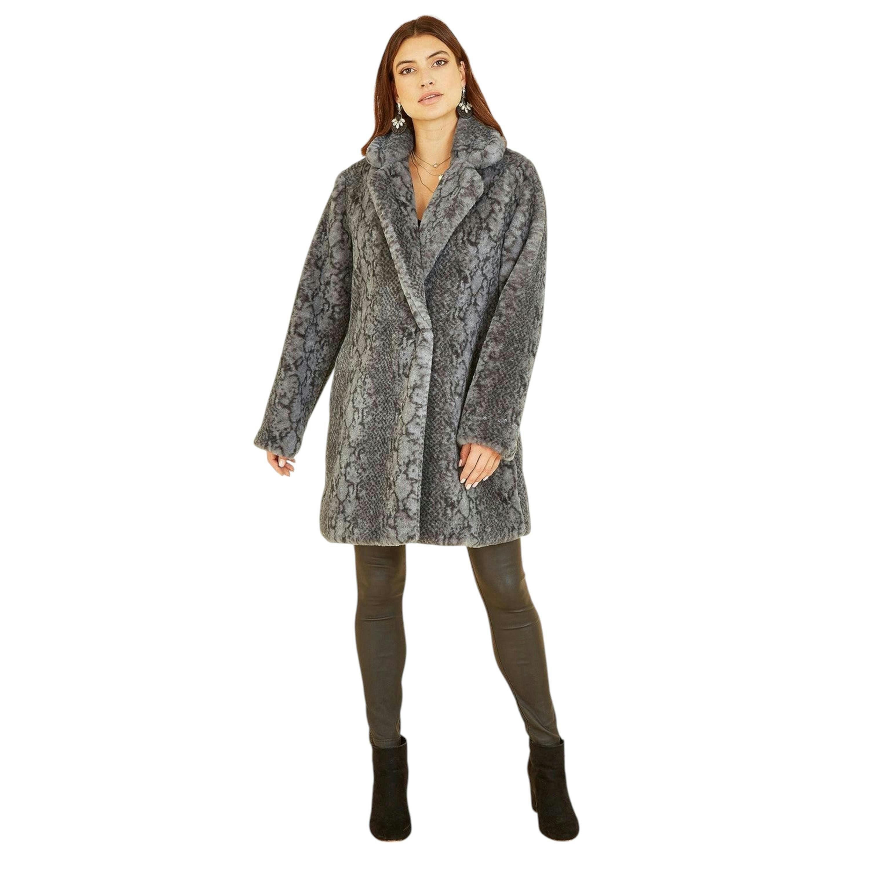 Yumi Grey Snakeskin Print Faux Fur Coat , view 2 of 5