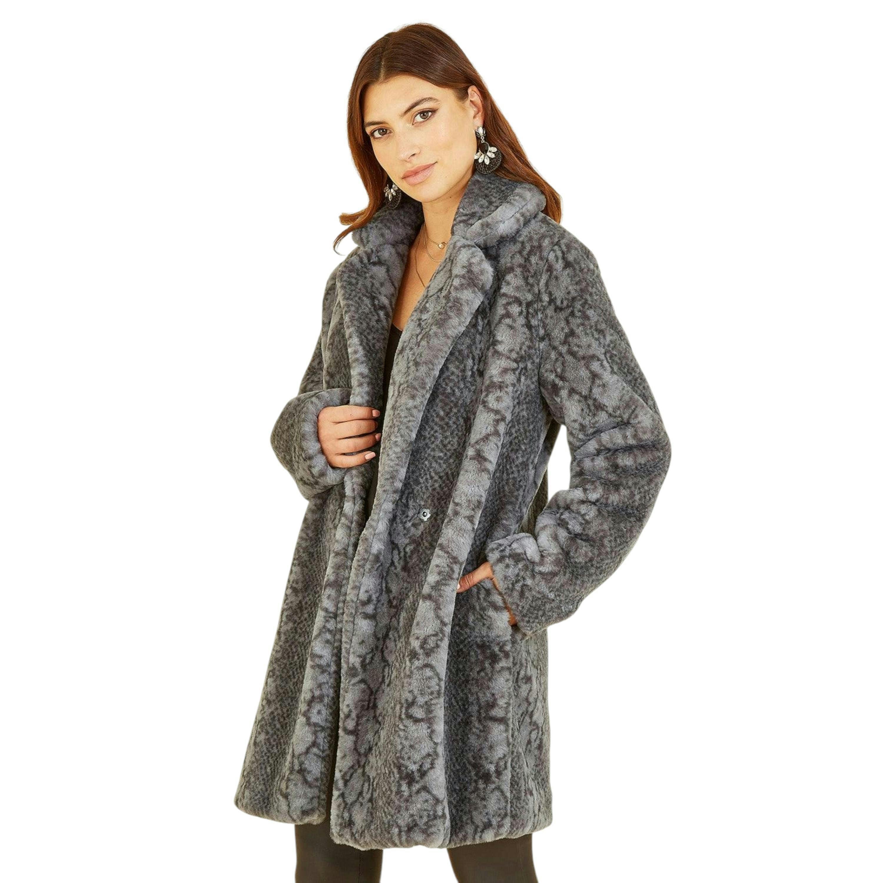 Yumi Grey Snakeskin Print Faux Fur Coat , view 3 of 5