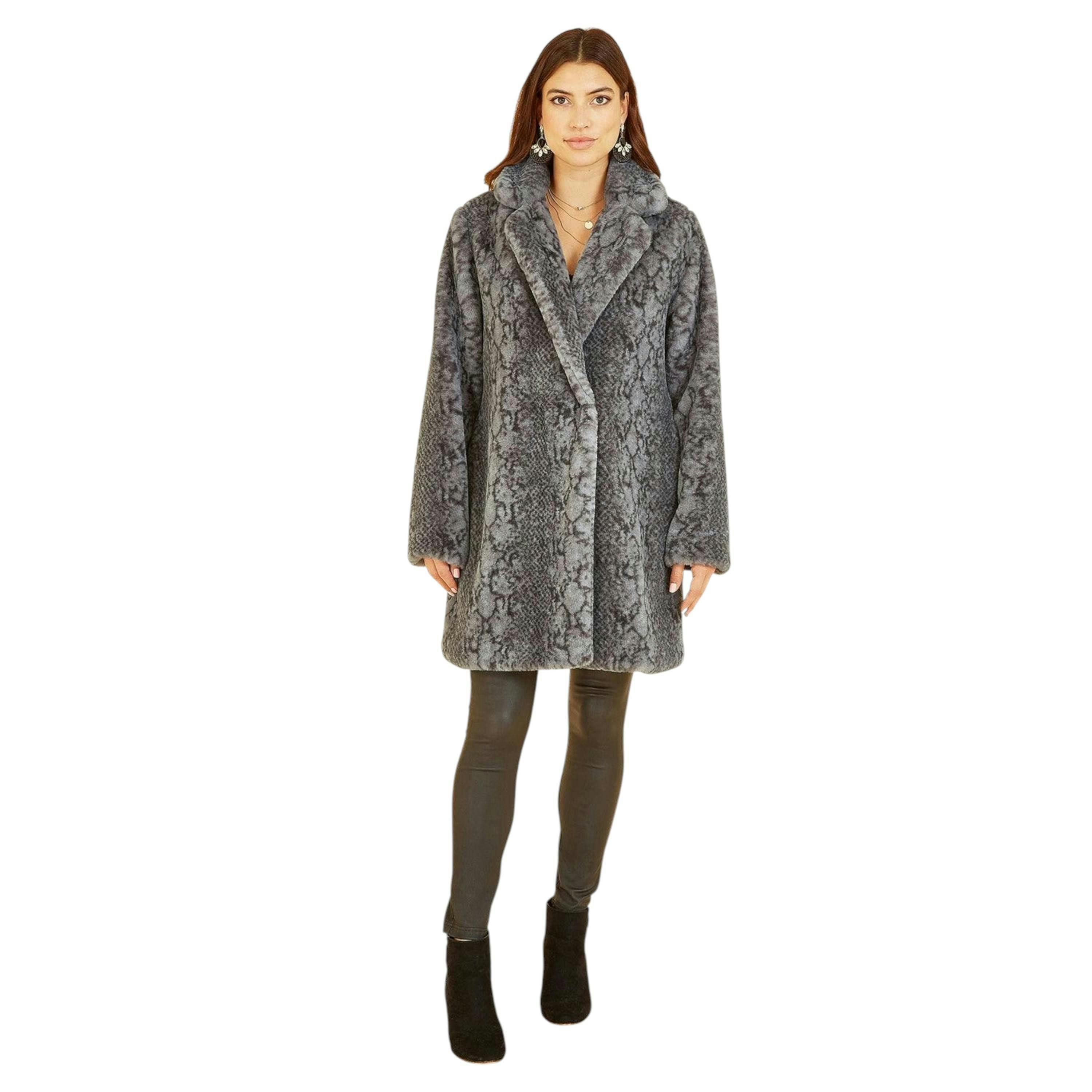 Yumi Grey Snakeskin Print Faux Fur Coat , view 4 of 5