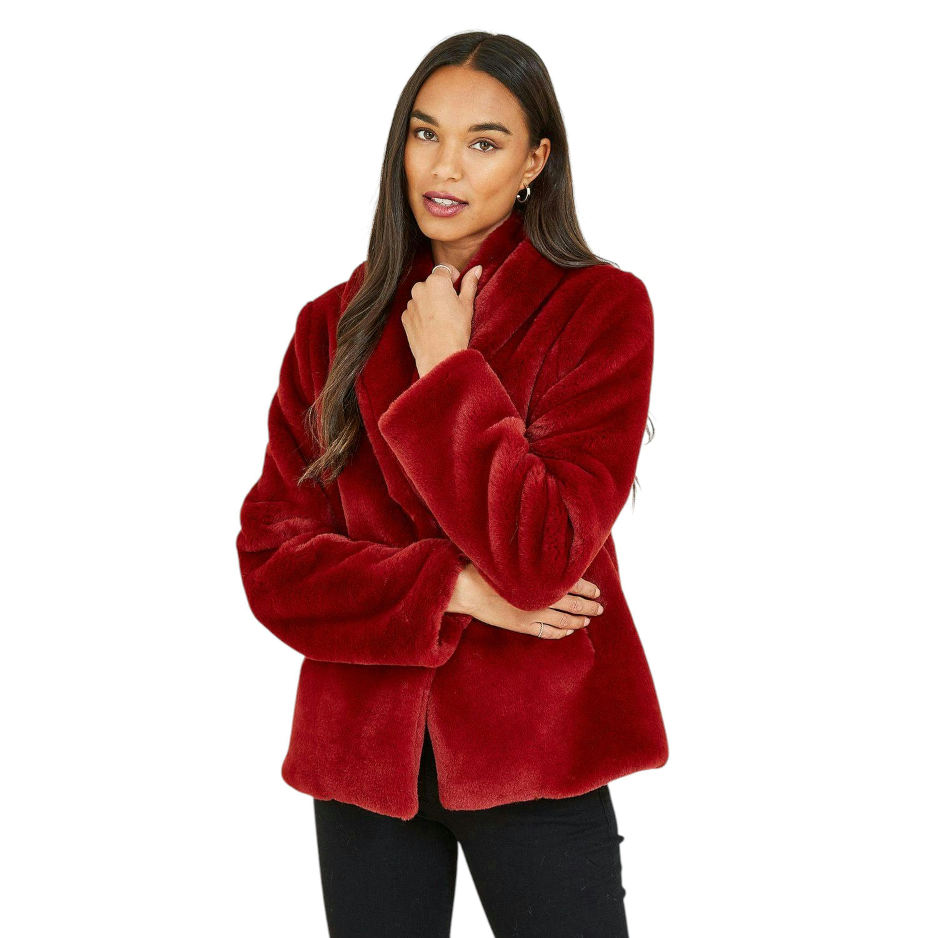 Yumi Red Short Wrap Faux Fur Coat , view 1 of 4