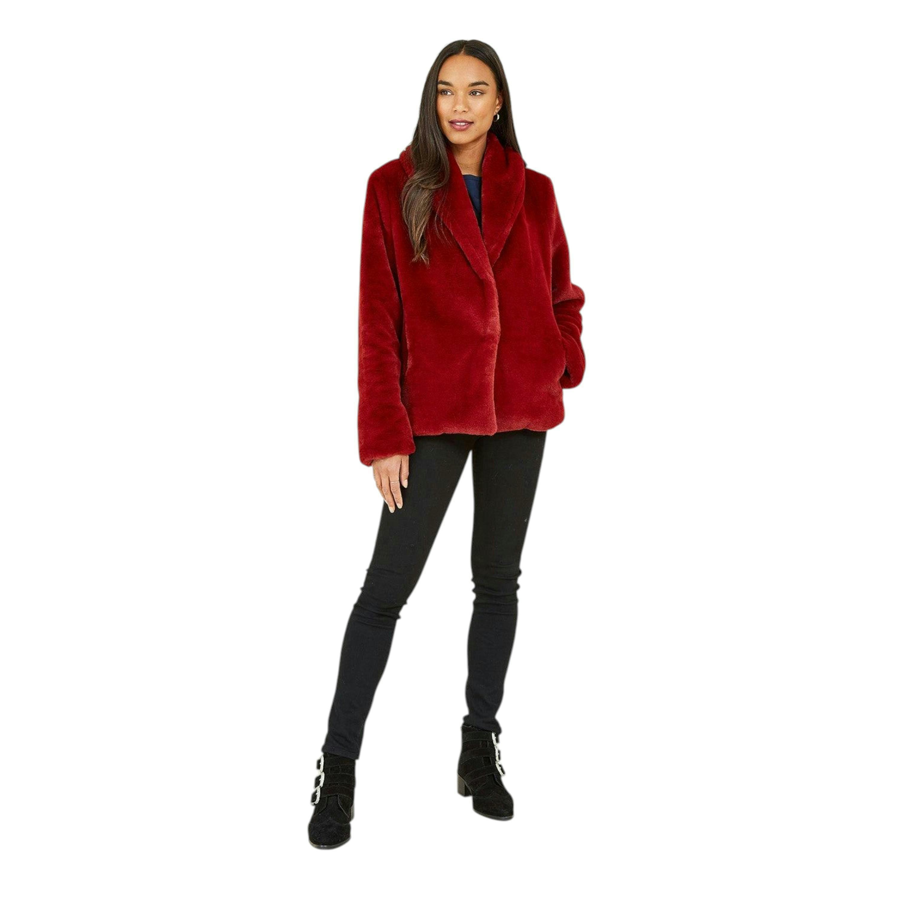 Yumi Red Short Wrap Faux Fur Coat , view 2 of 4