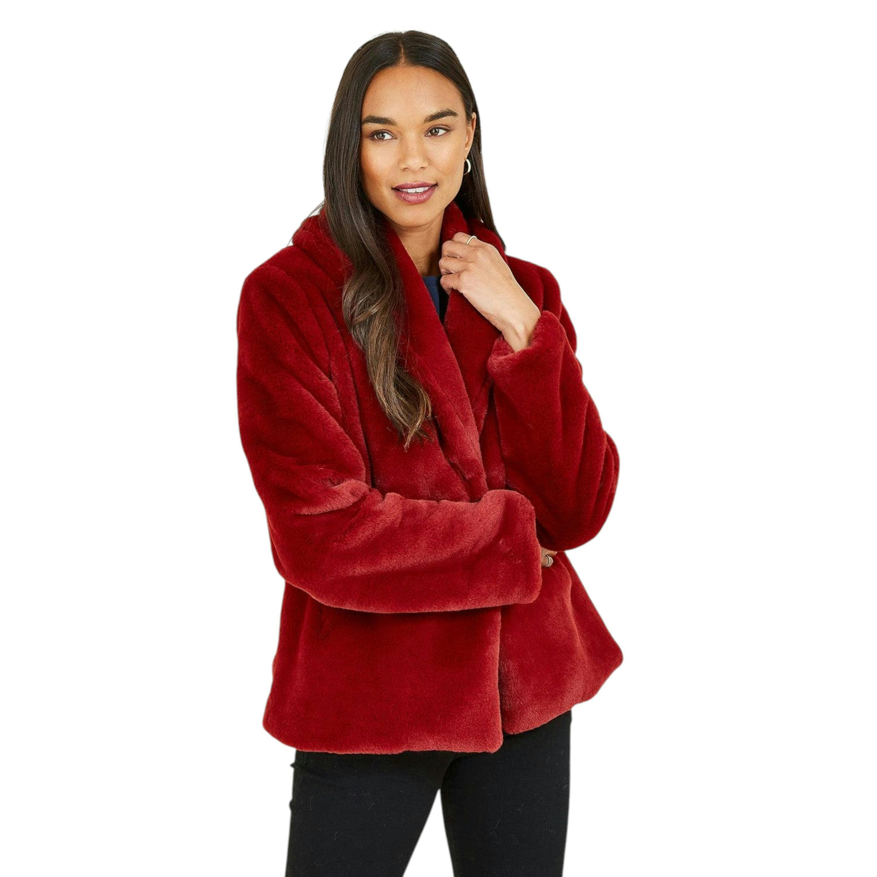 Yumi Red Short Wrap Faux Fur Coat , view 4 of 4