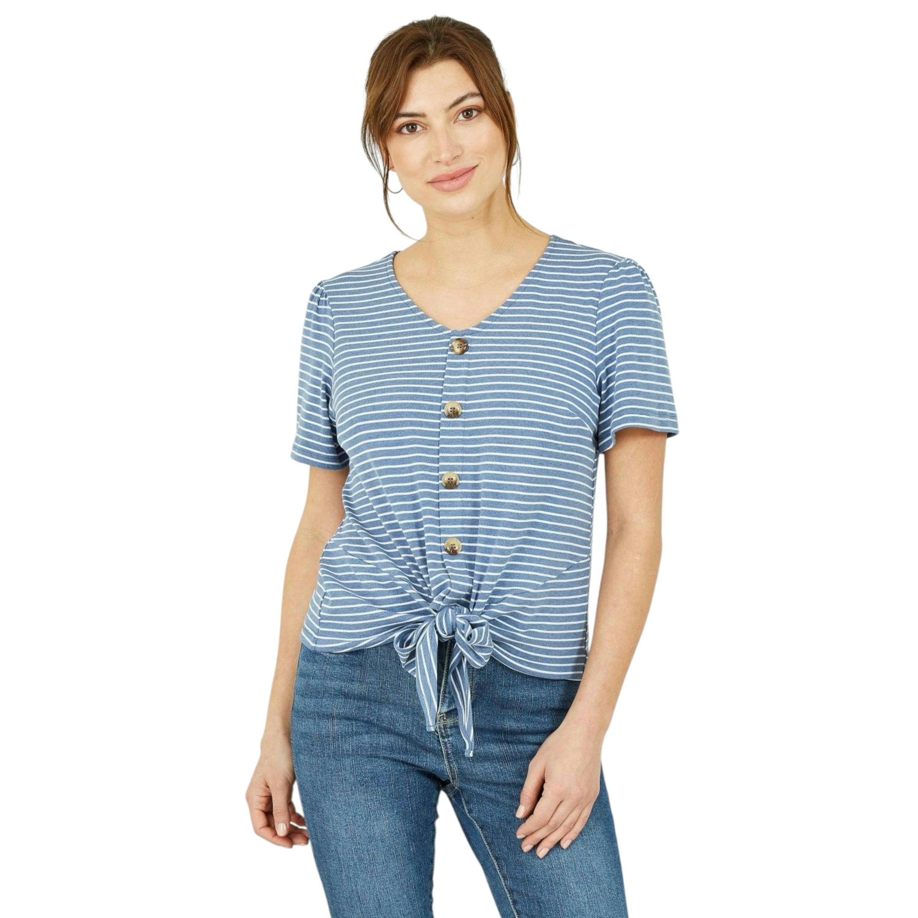 Yumi Blue Striped Jersey Button Detail Top , view 1 of 6
