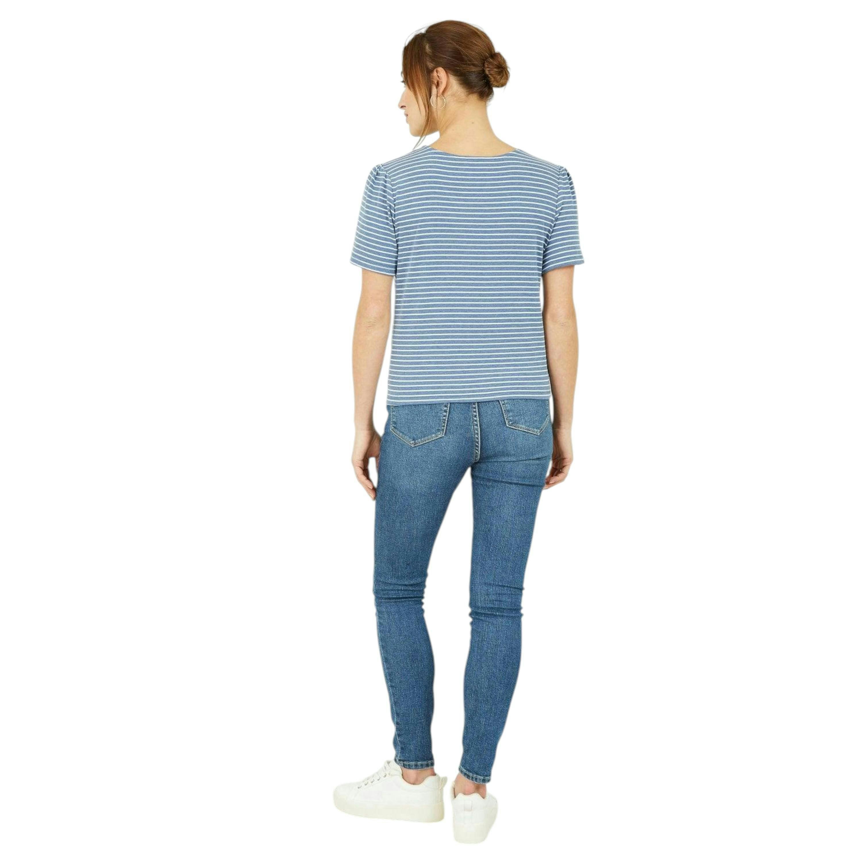 Yumi Blue Striped Jersey Button Detail Top , view 4 of 6