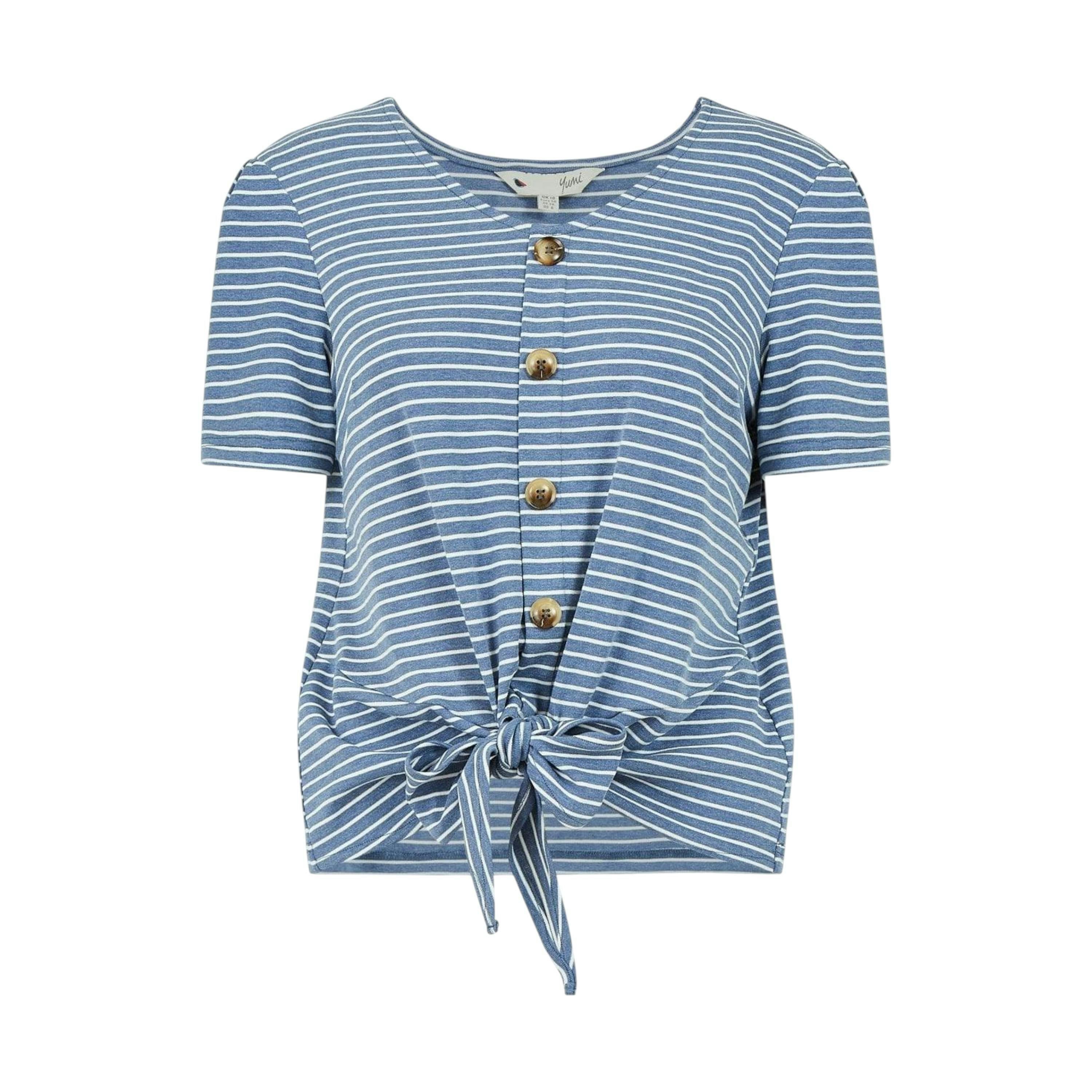 Yumi Blue Striped Jersey Button Detail Top , view 5 of 6