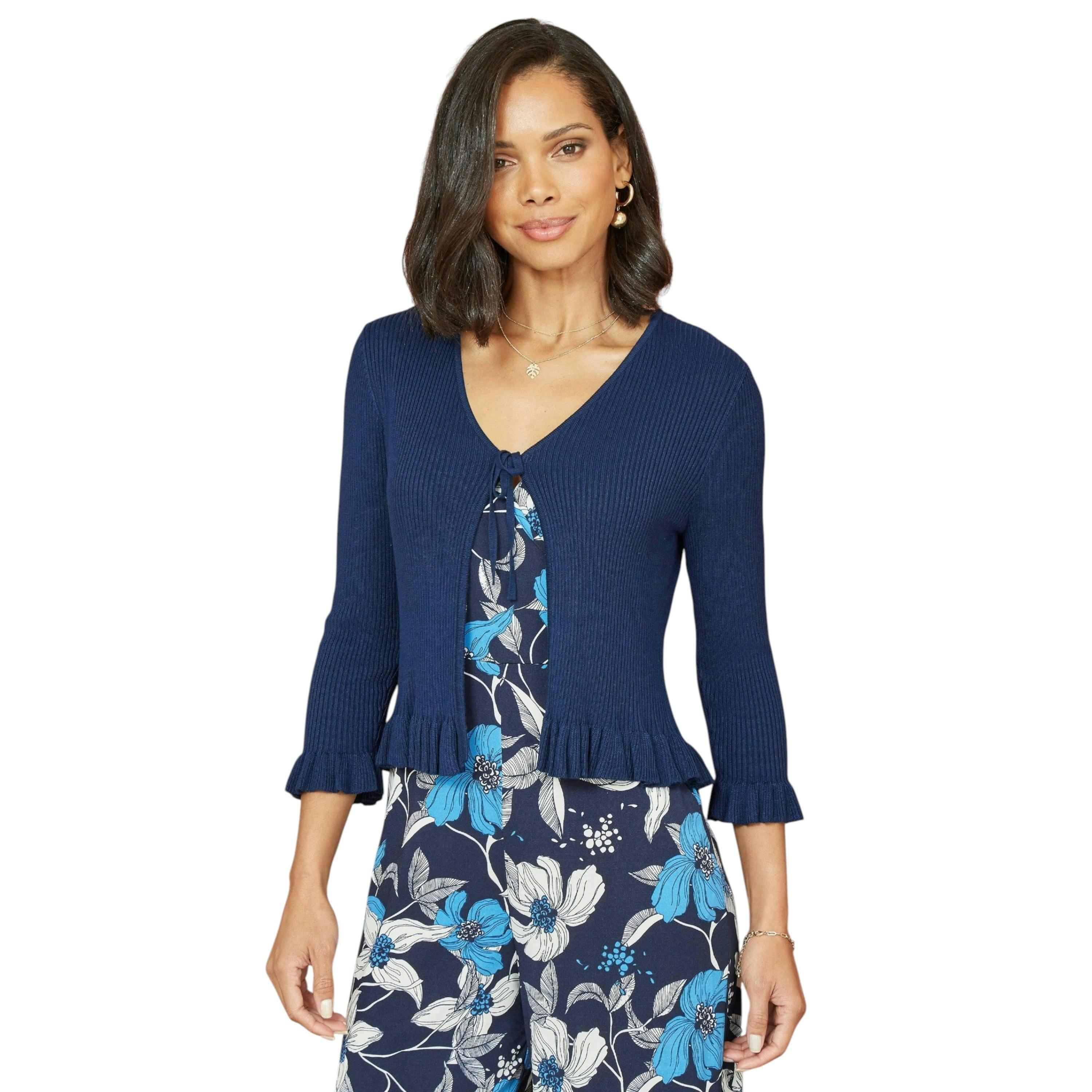 Yumi Navy Tie Up Ribbed Cardigan With Frill Hem , view 1 of 3