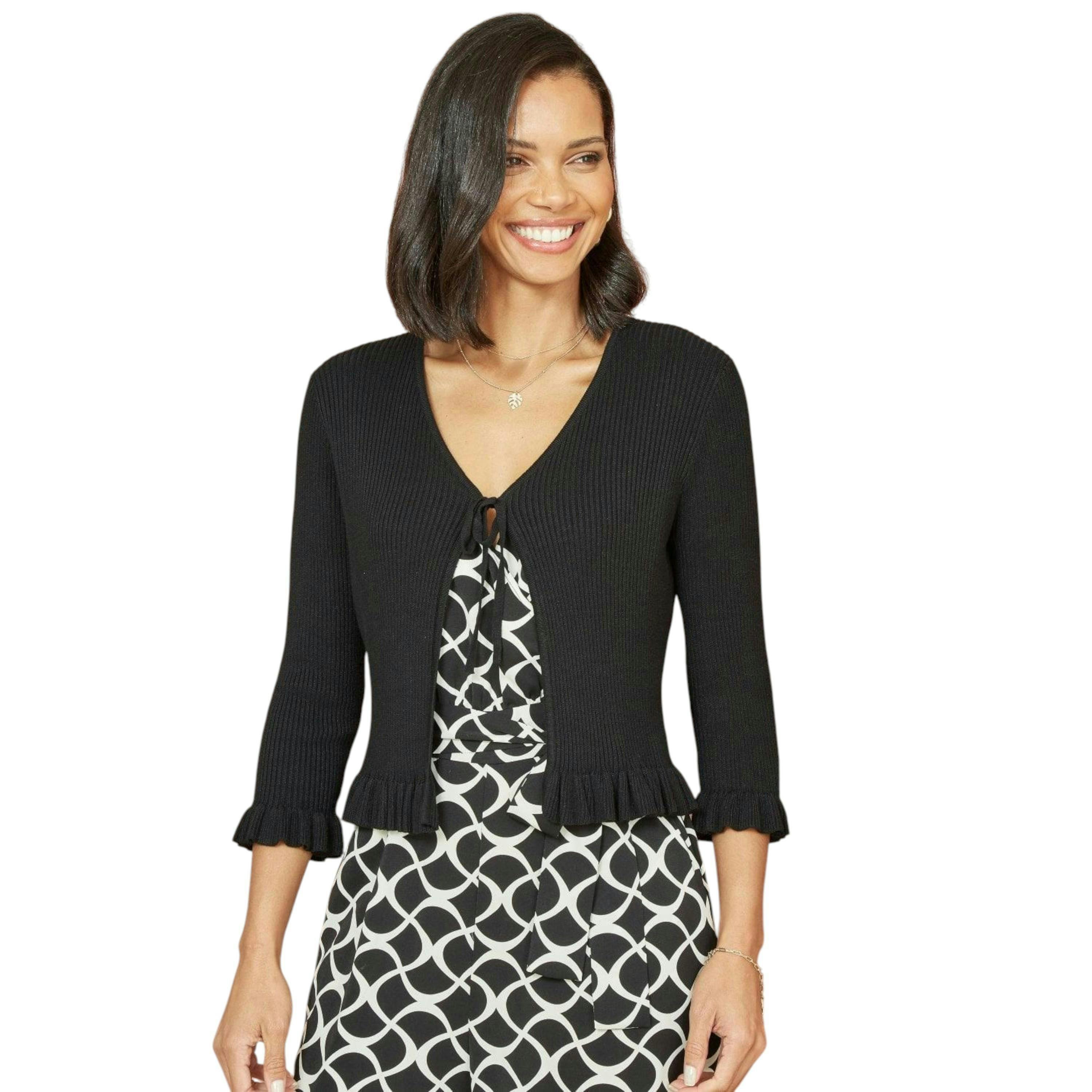 Yumi Black Tie Up Ribbed Cardigan With Frill Hem , view 1 of 5