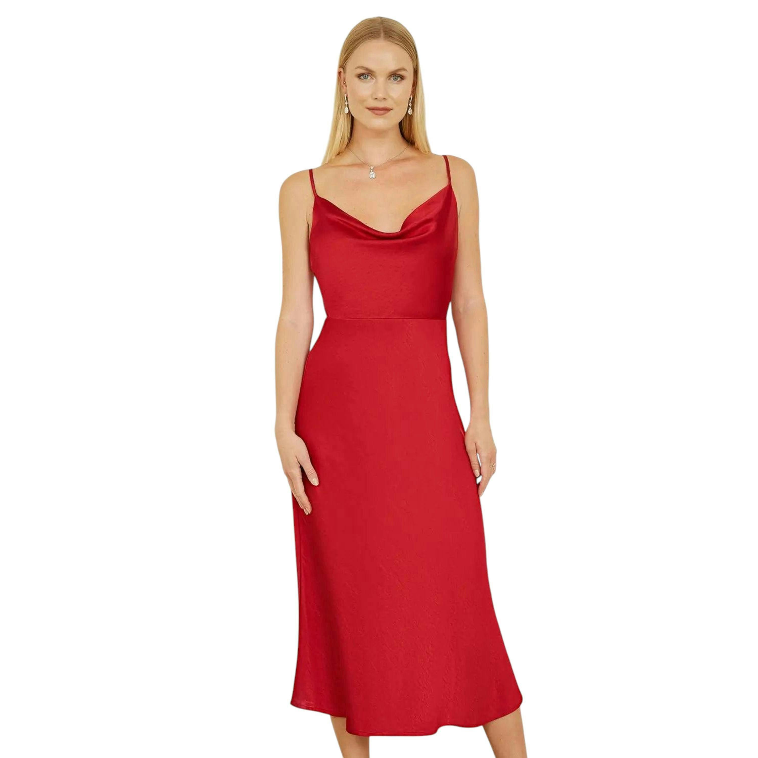 Yumi Red Satin Cowl Neck Midi Slip Dress , view 1 of 4