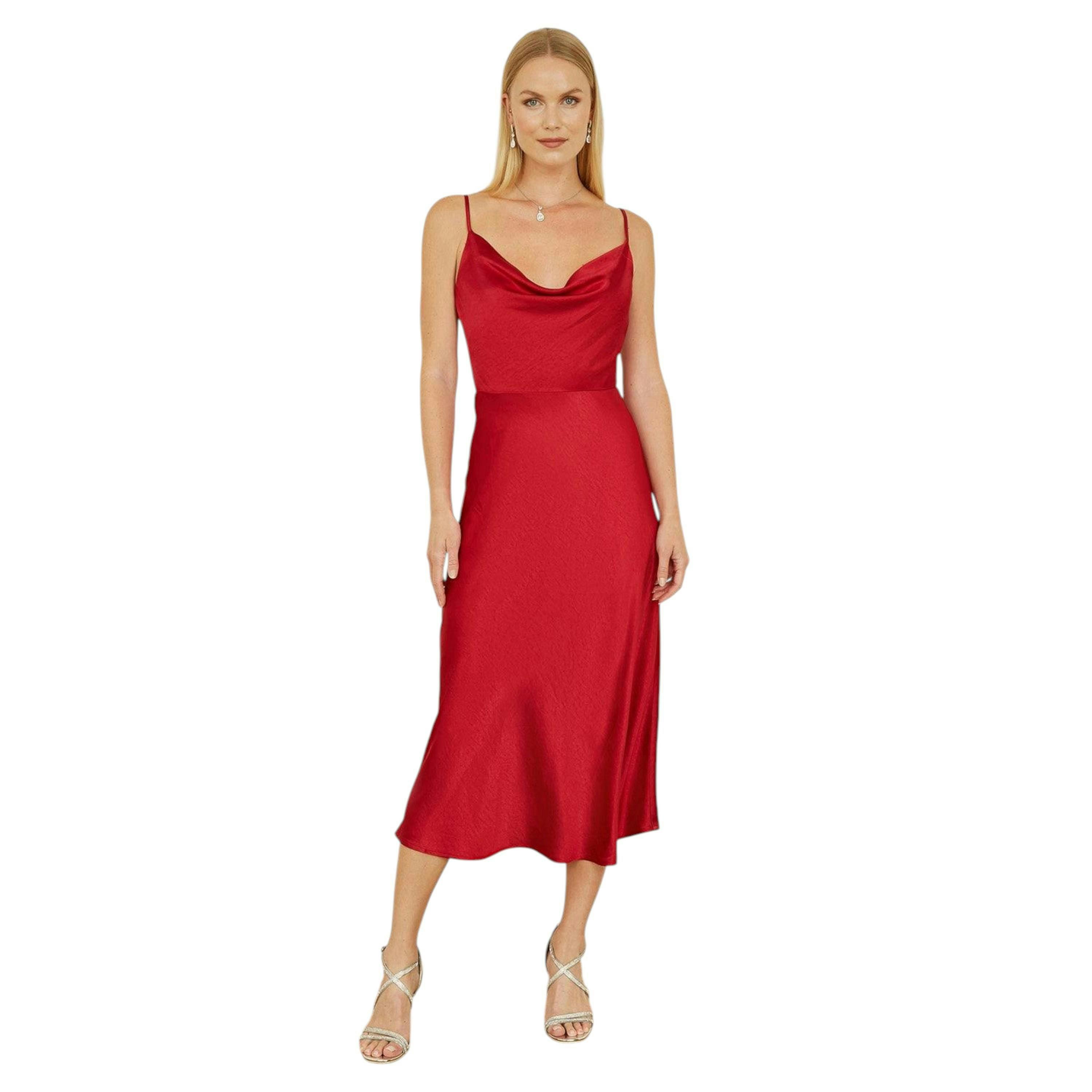 Yumi Red Satin Cowl Neck Midi Slip Dress , view 2 of 4