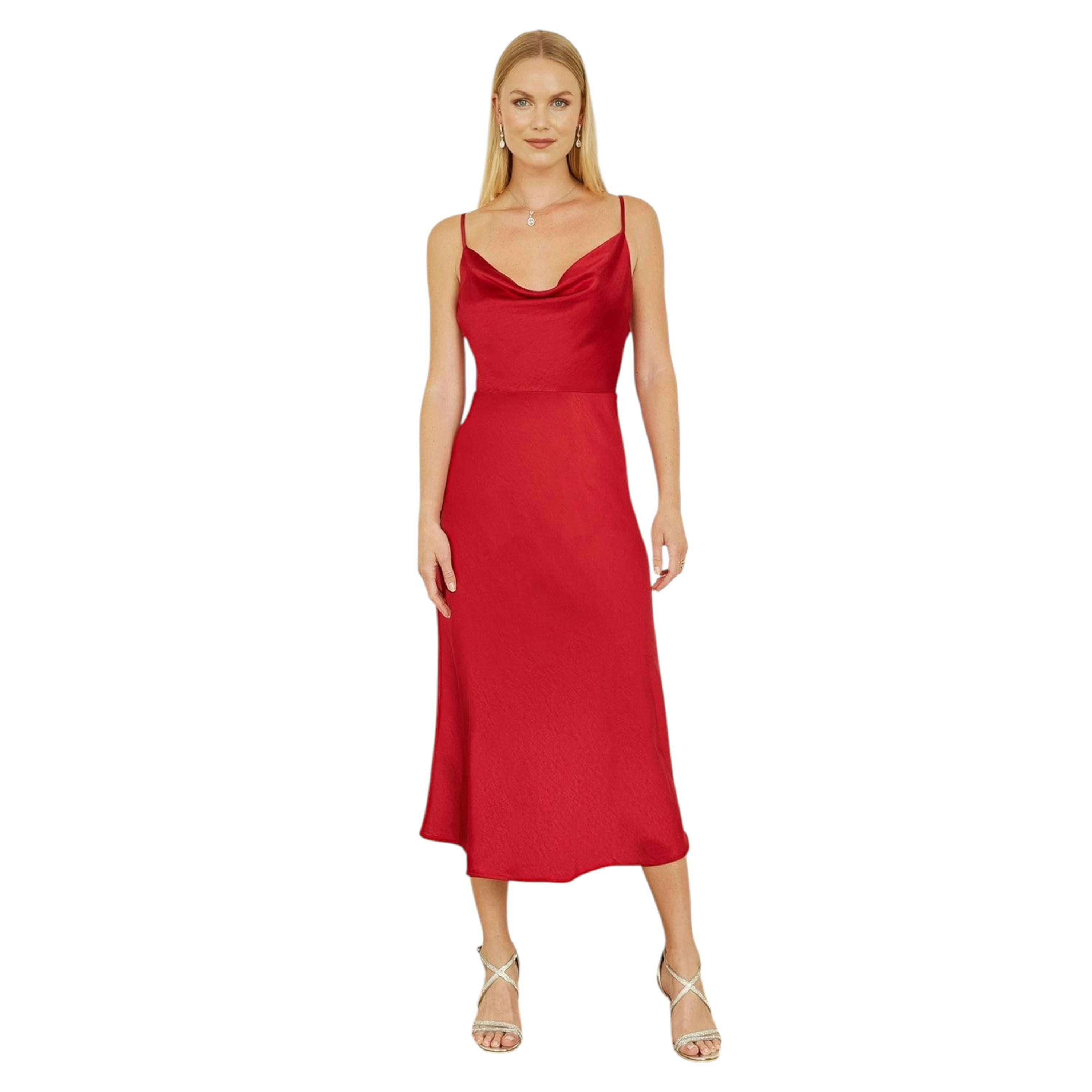 Yumi Red Satin Cowl Neck Midi Slip Dress , view 3 of 4
