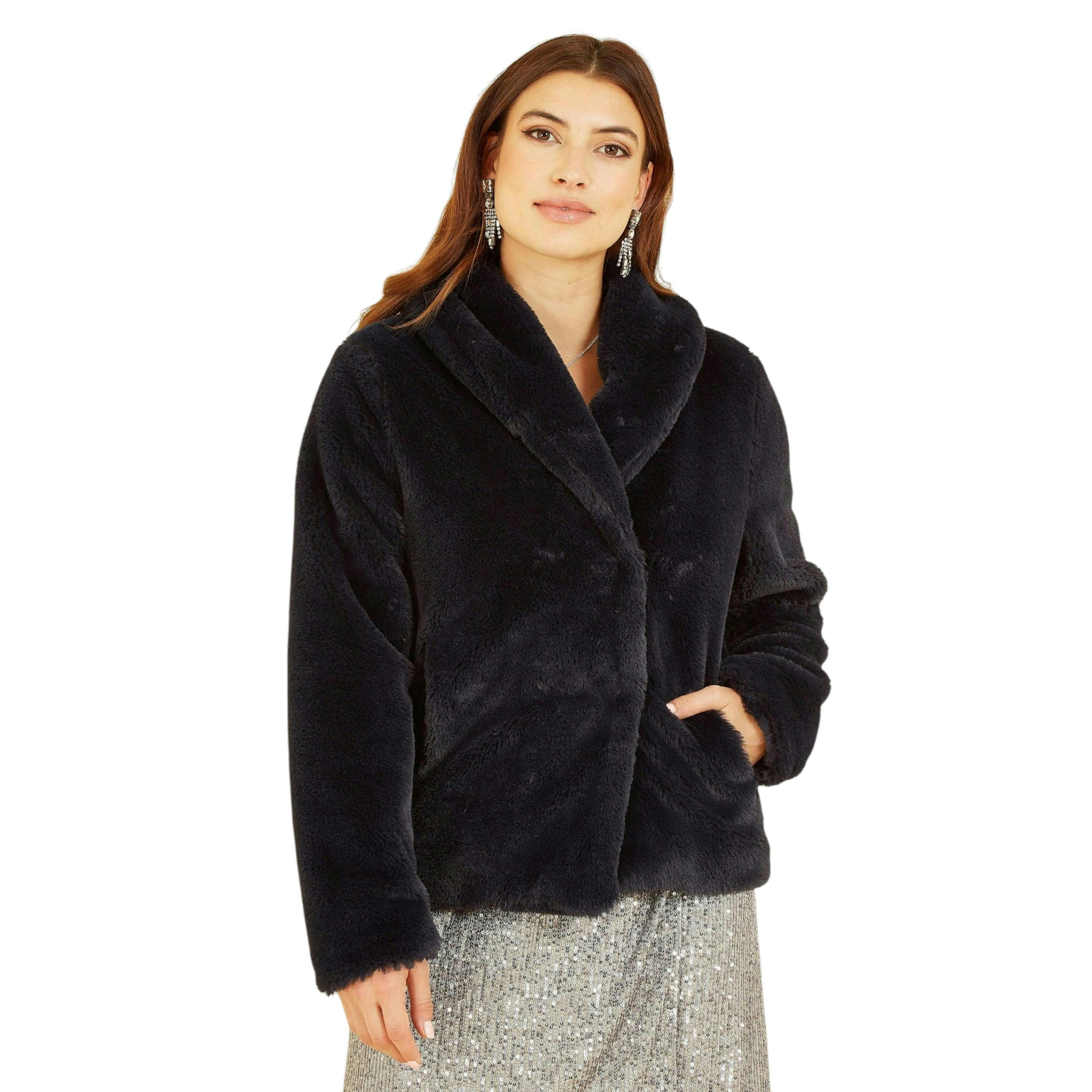 Yumi Black Short Wrap Faux Fur Coat , view 1 of 4
