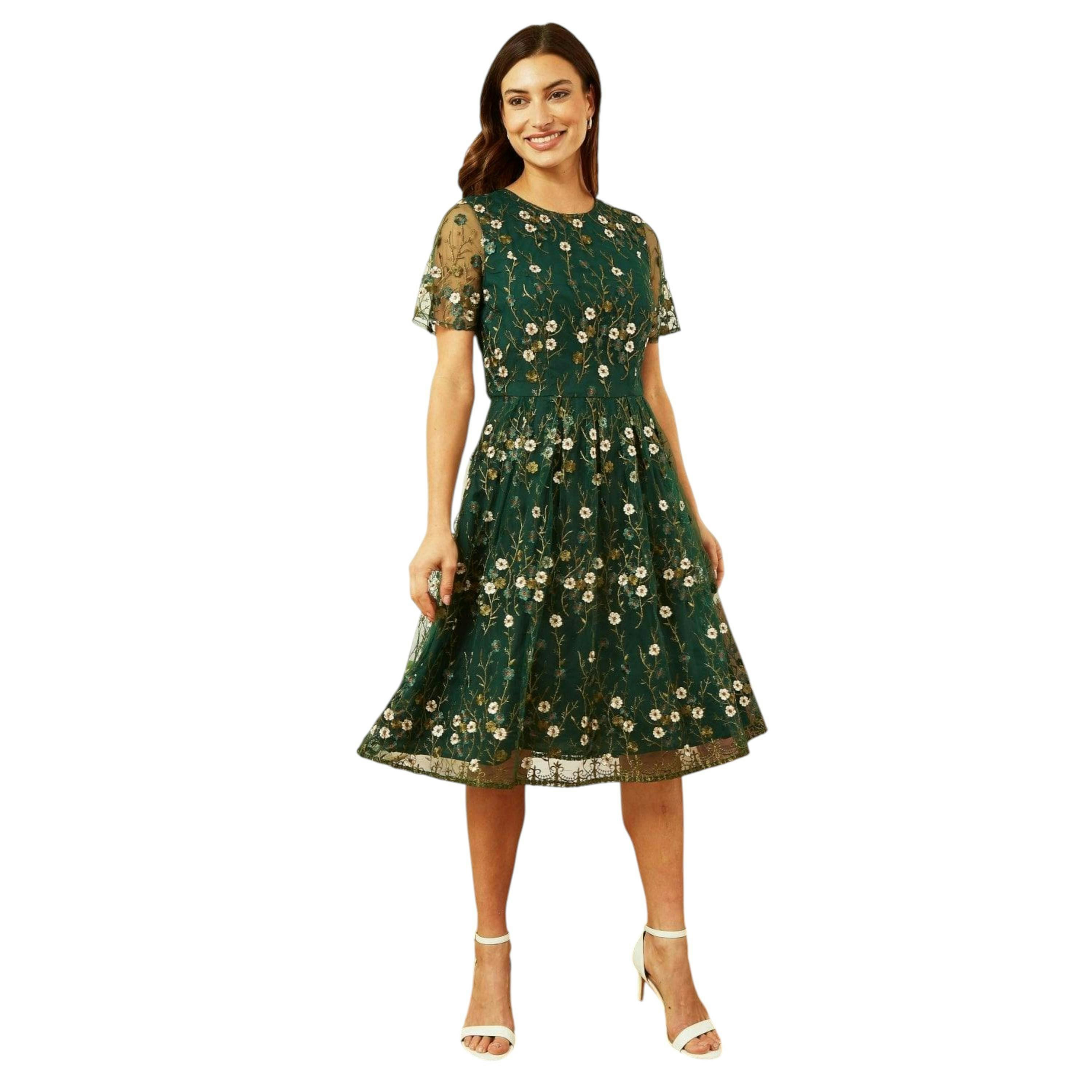 Yumi Green Embroidered Floral Skater Dress , view 1 of 5