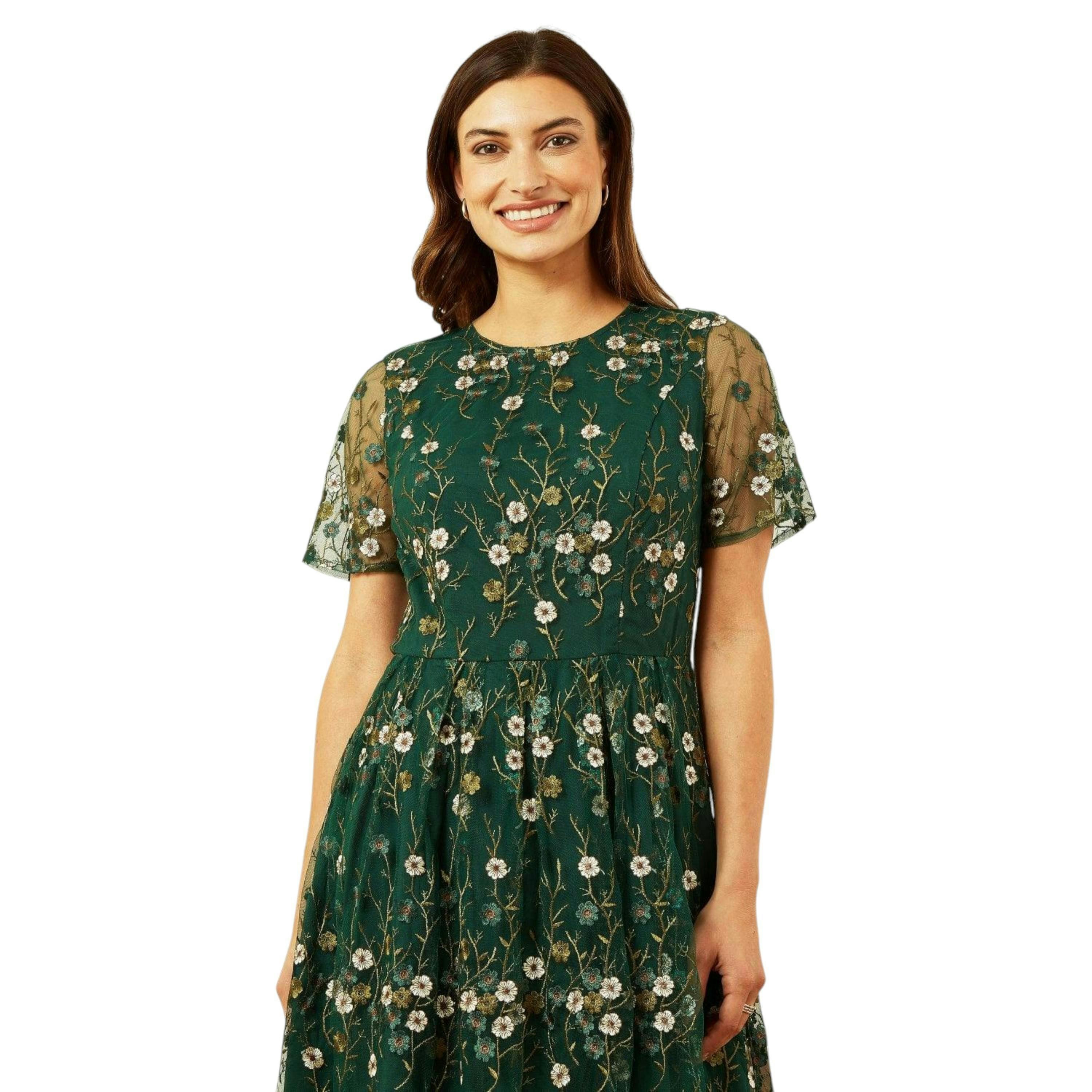 Yumi Green Embroidered Floral Skater Dress , view 2 of 5