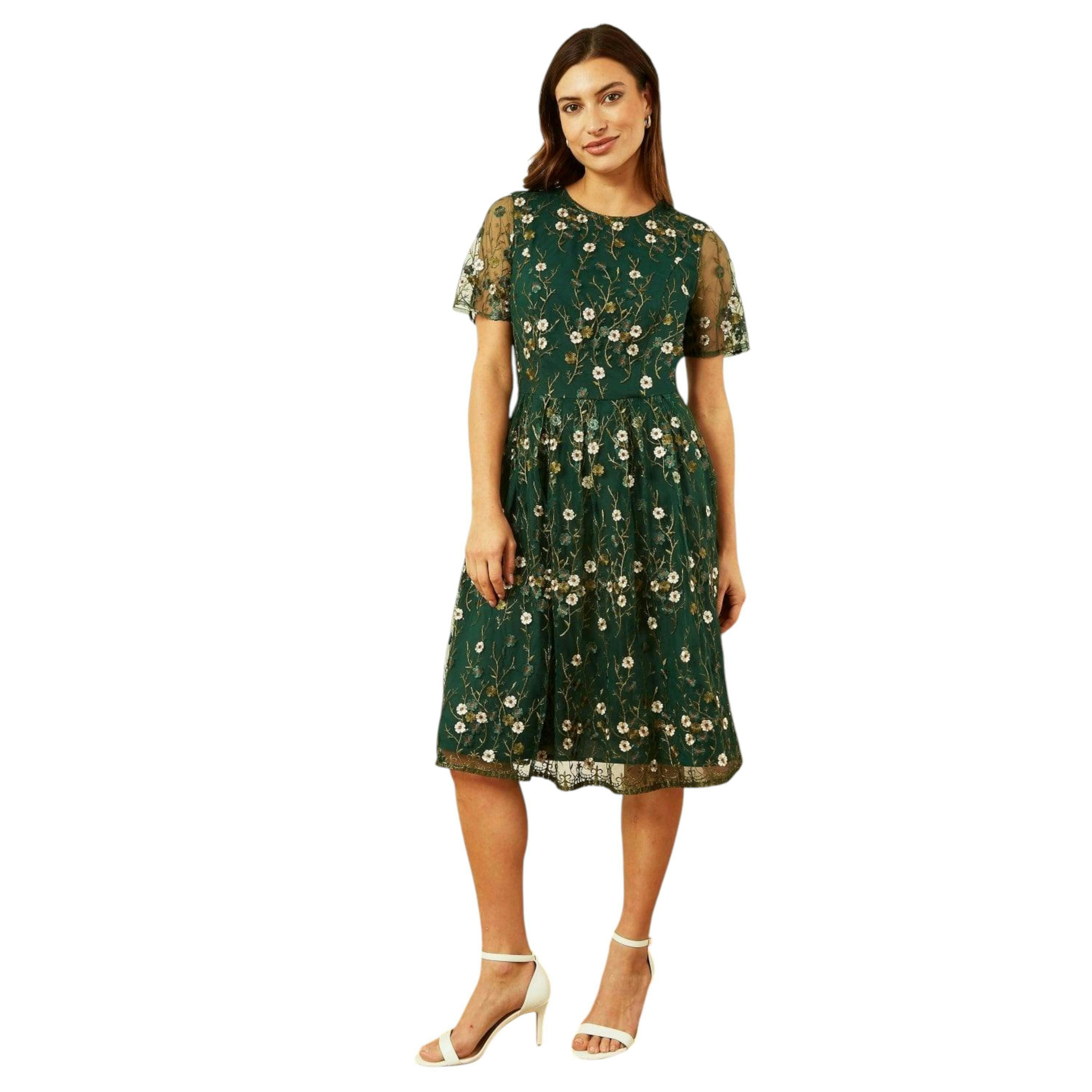 Yumi Green Embroidered Floral Skater Dress , view 3 of 5