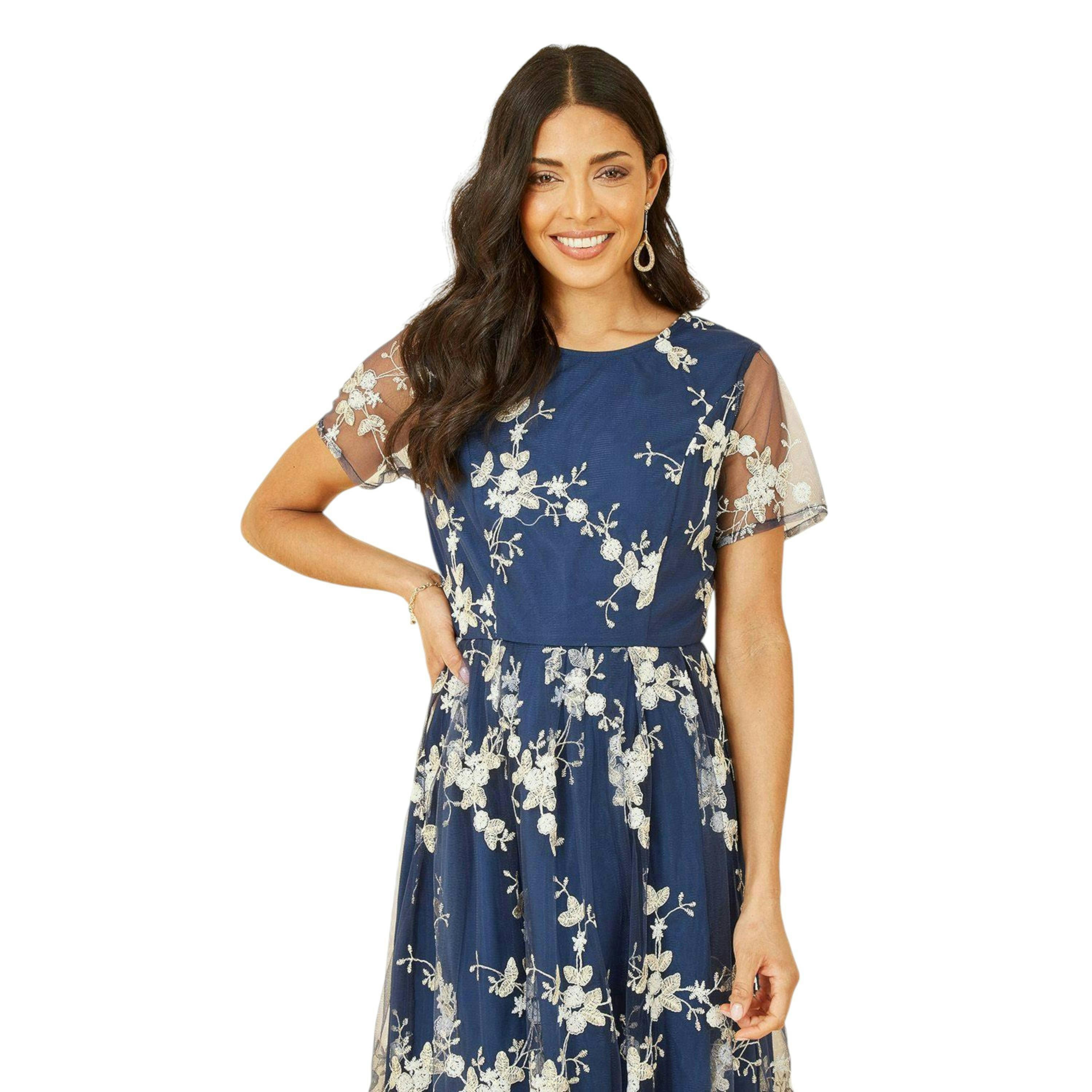 Yumi Navy Embroidered Floral Skater Dress , view 2 of 6