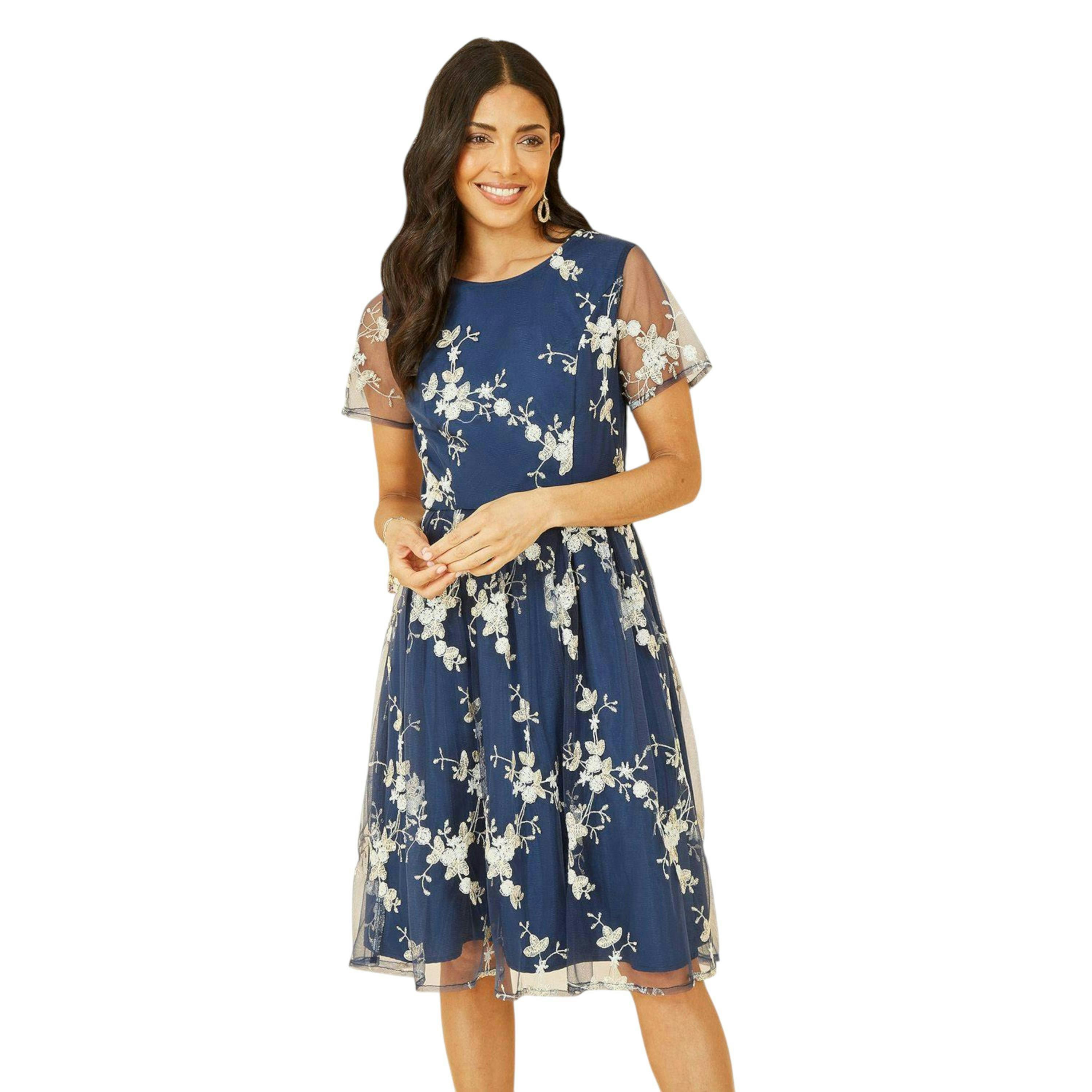 Yumi Navy Embroidered Floral Skater Dress , view 3 of 6