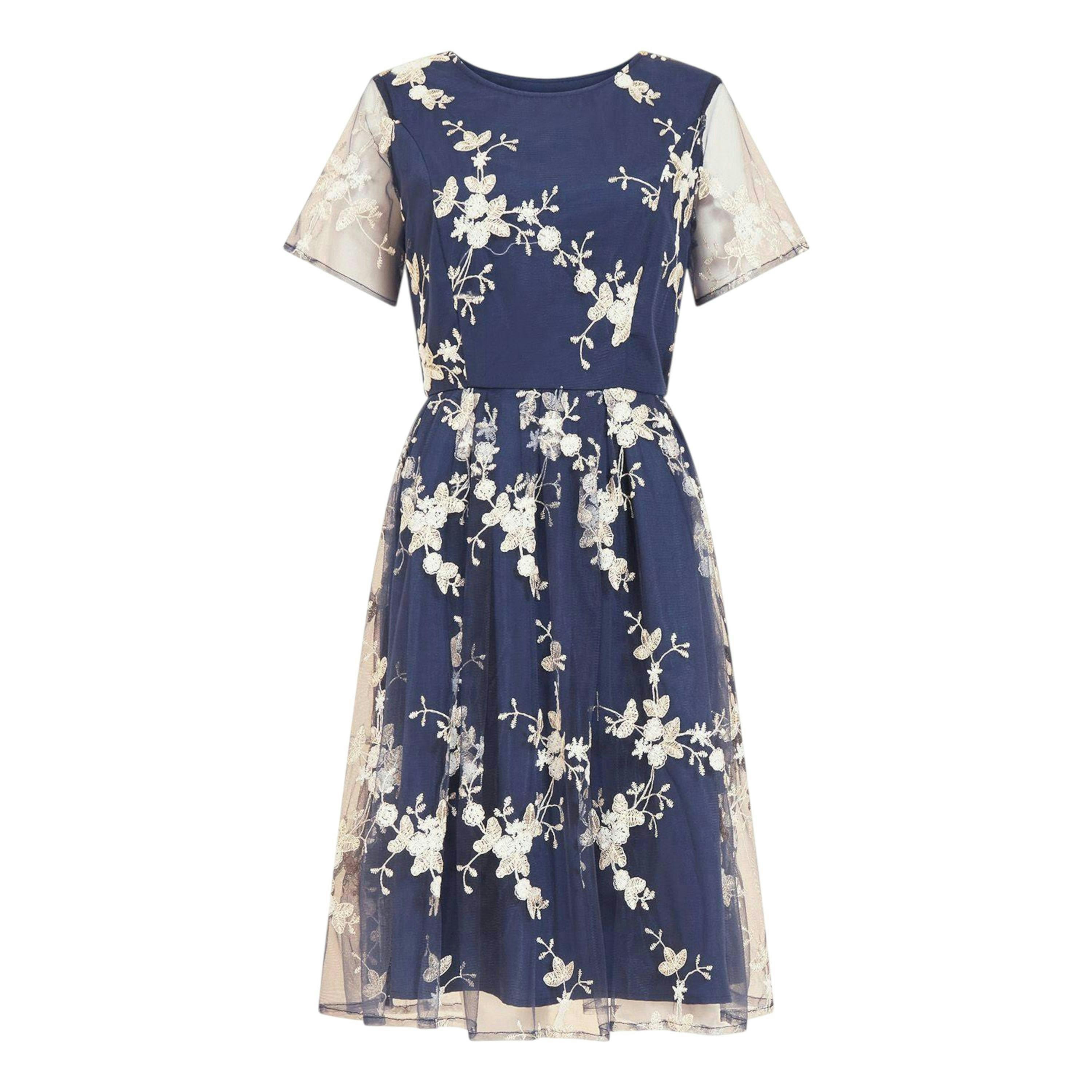 Yumi Navy Embroidered Floral Skater Dress , view 6 of 6